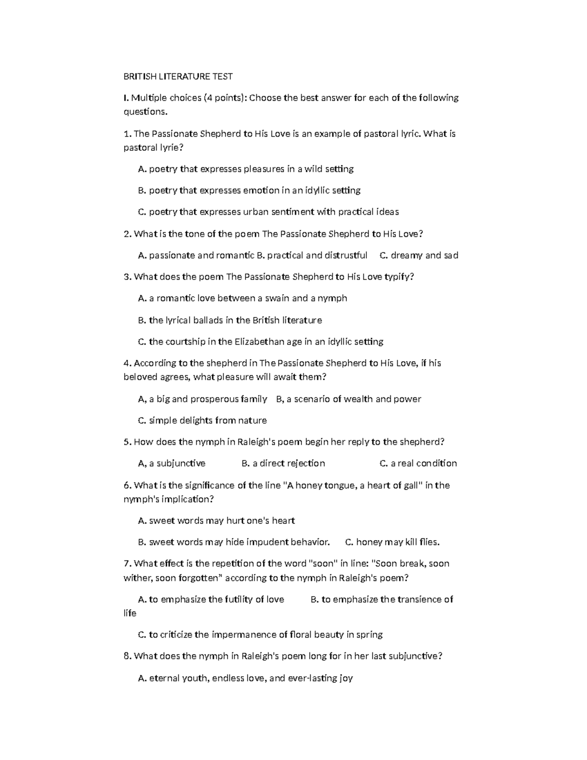 British Literature TEST - BRITISH LITERATURE TEST I. Multiple choices ...