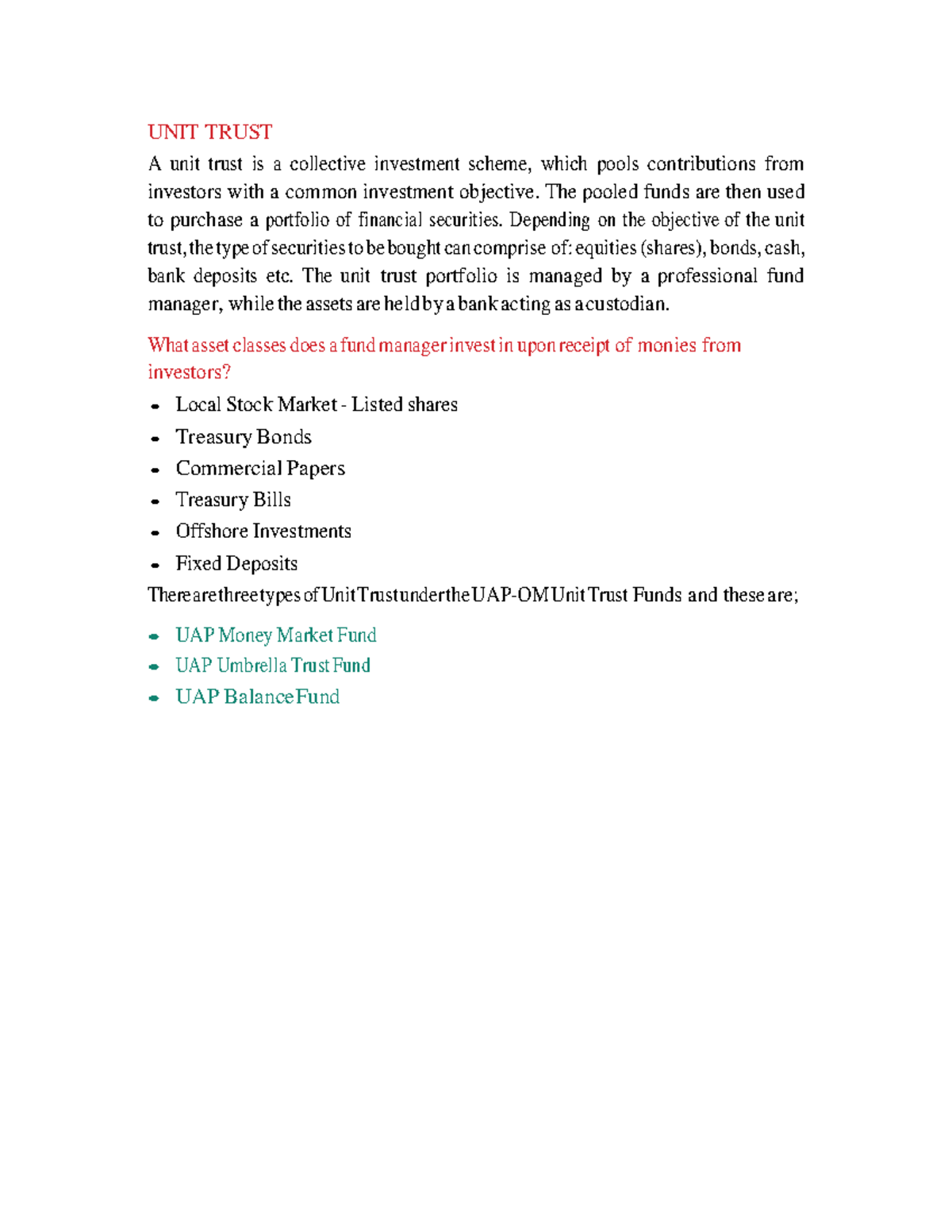 UNIT Trust - Money Market FUND - UNIT TRUST A unit trust is a ...