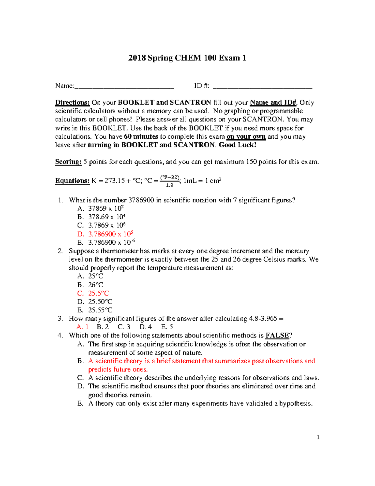 Practice Exam 1 with Key - 2018 Spring CHEM 100 Exam 1 Name ...