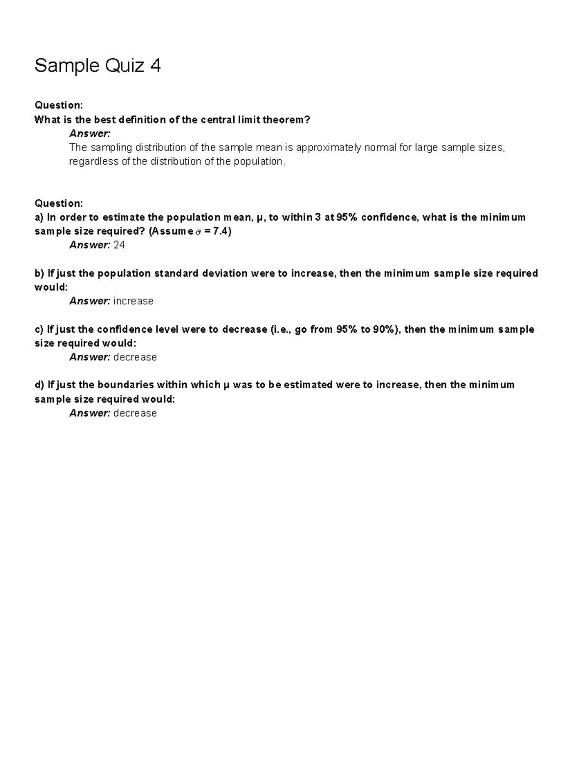 Sample Quiz Confidence Intervals For A Single Population Mean V2 Sample Quiz 4 Question What Studocu