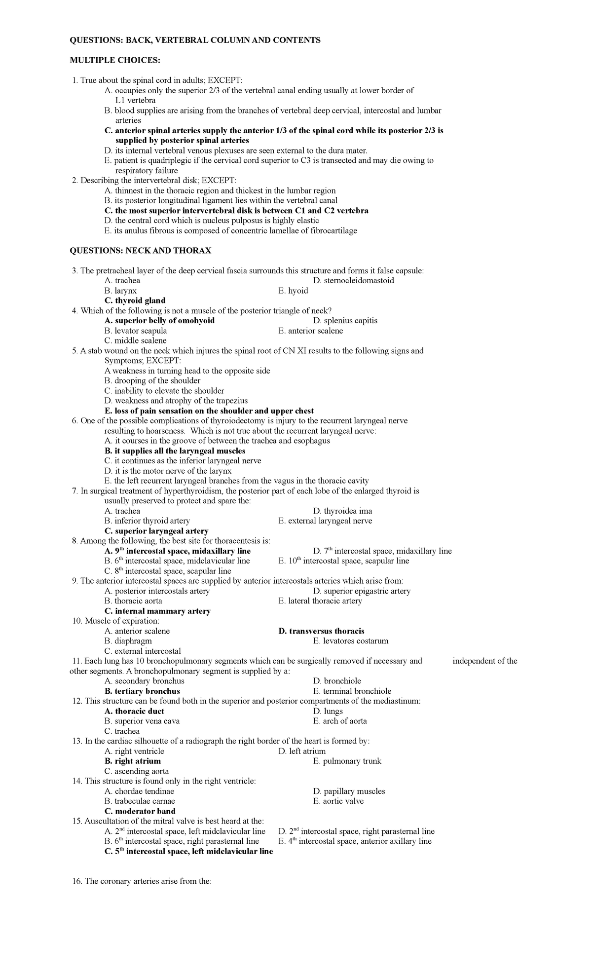 Practice AnatomyQuestions QUESTIONS BACK, VERTEBRAL COLUMN AND