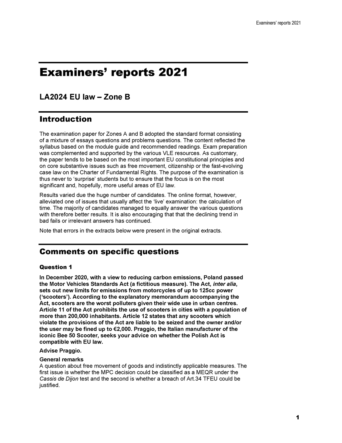 Eu Report 2021 B - Past Paper Question - Examiners’ Reports 2021 ...