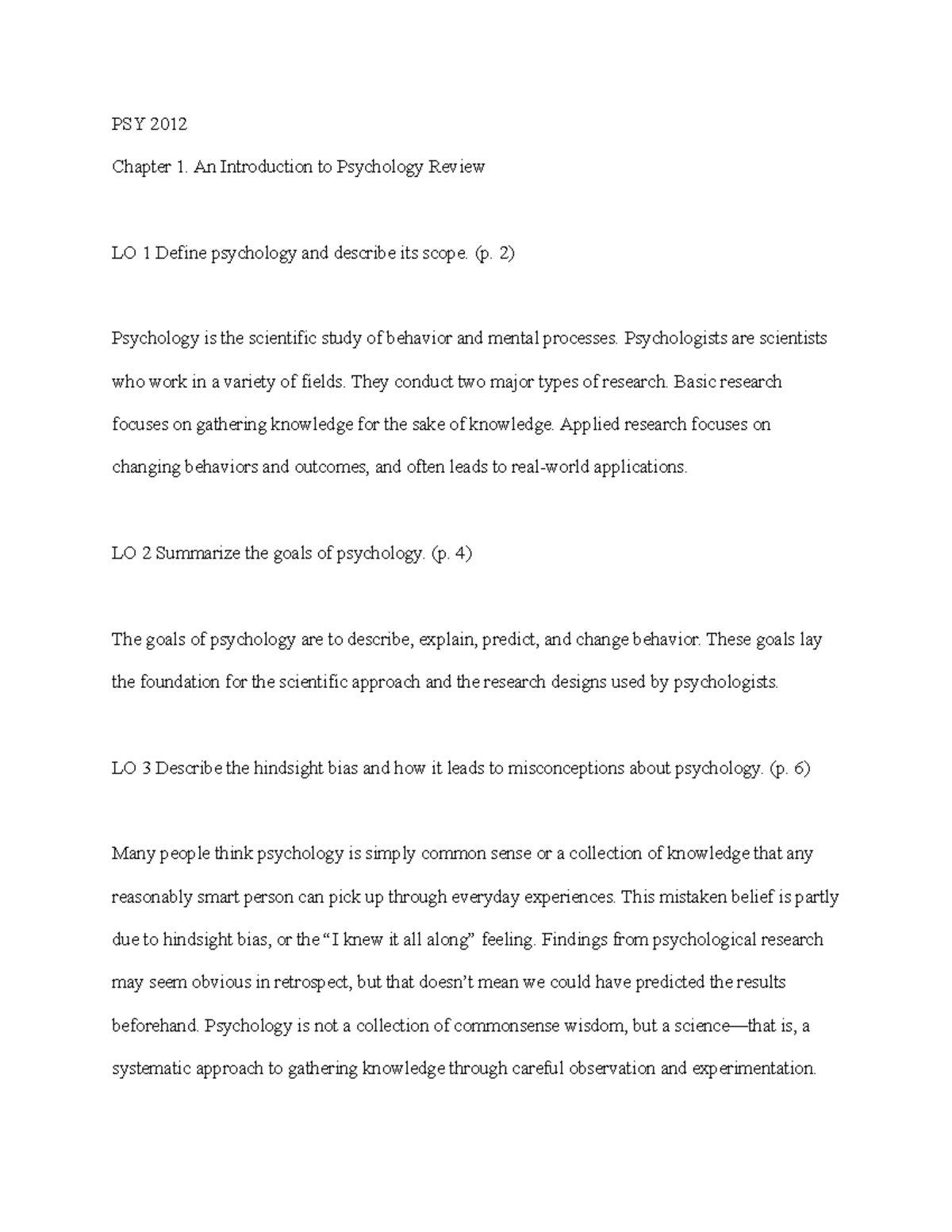 An Introduction to Psychology Review PSY 2012 Chapter 1. An