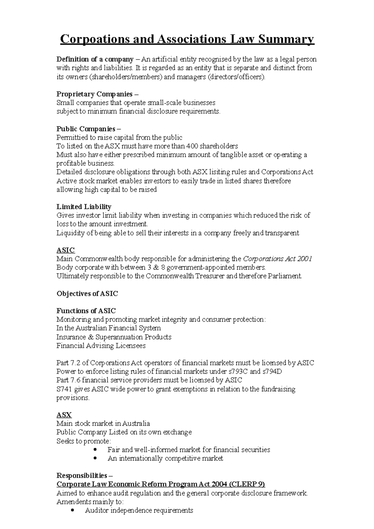 Corp Law Summary Exam notes Corpoations and Associations Law Summary Definition of a company