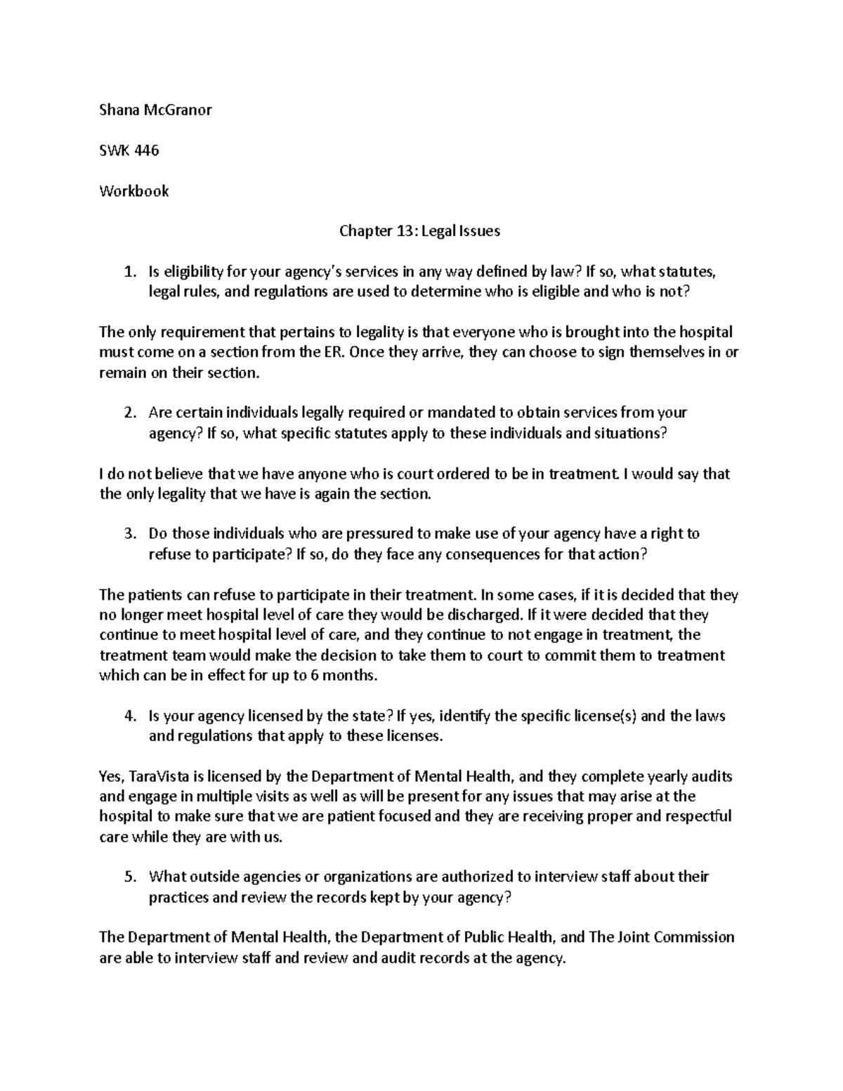 Chapter 13- Legal Issues - Shana McGranor SWK 446 Workbook Chapter 13 ...