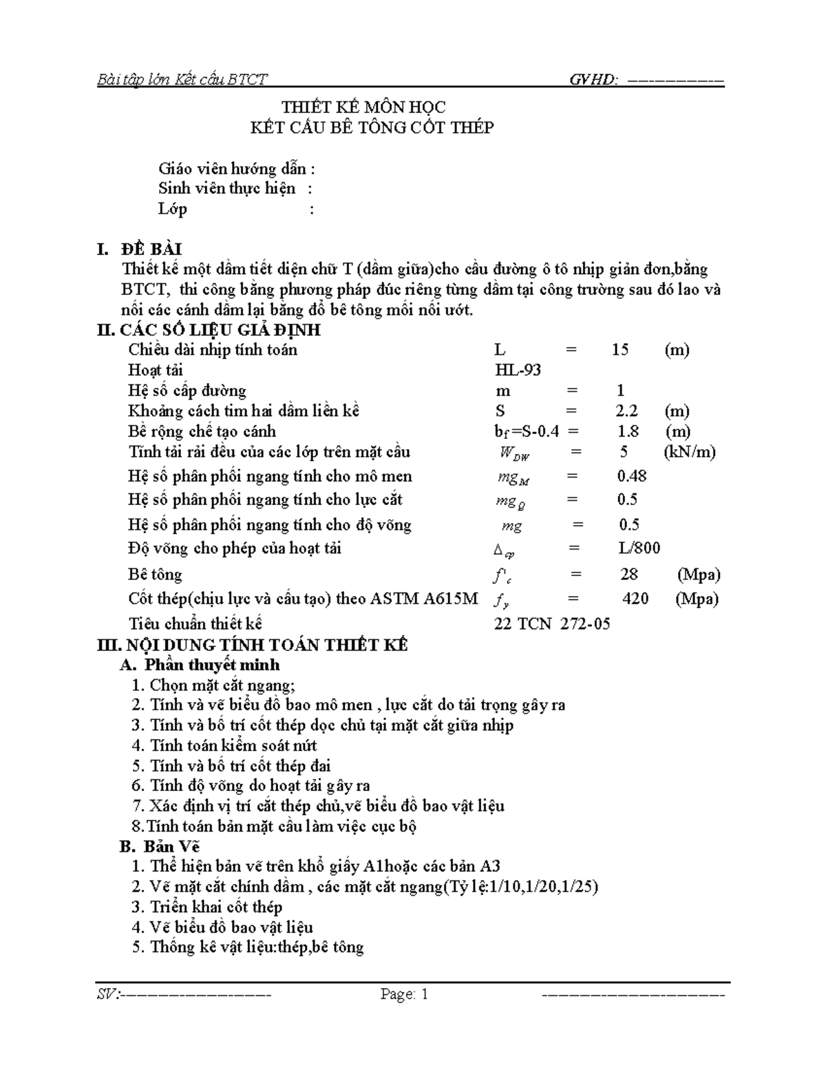 Mau-Do an Ket cau BTCT - Kết cấu BTCT - SV:- Page: 1 - THIẾT KẾ MÔN HỌC ...