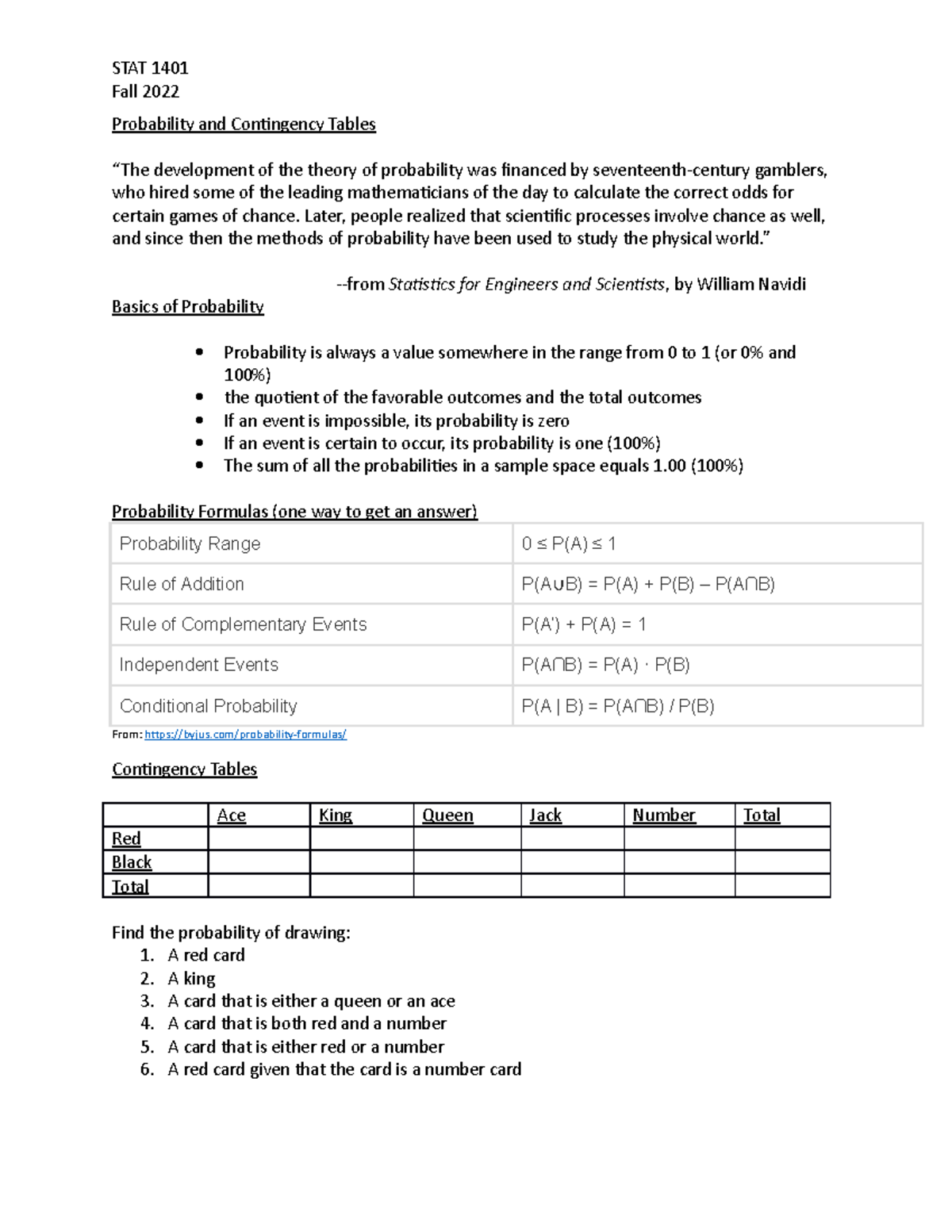 Lecture 6 - STAT 1401 Fall 2022 Probability and Contingency Tables “The ...