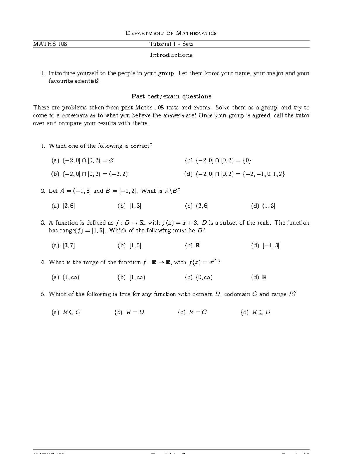 Tutorial 1 qa - first tut - Department of Mathematics MATHS 108 ...