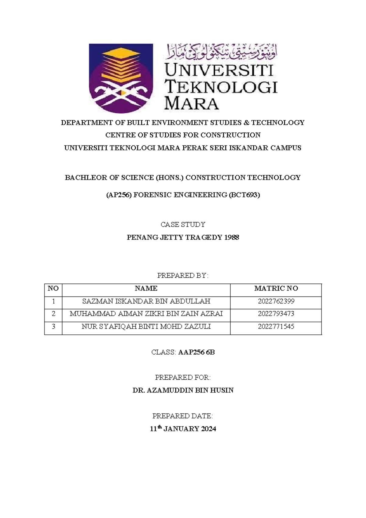 Group assignment - DEPARTMENT OF BUILT ENVIRONMENT STUDIES & TECHNOLOGY ...