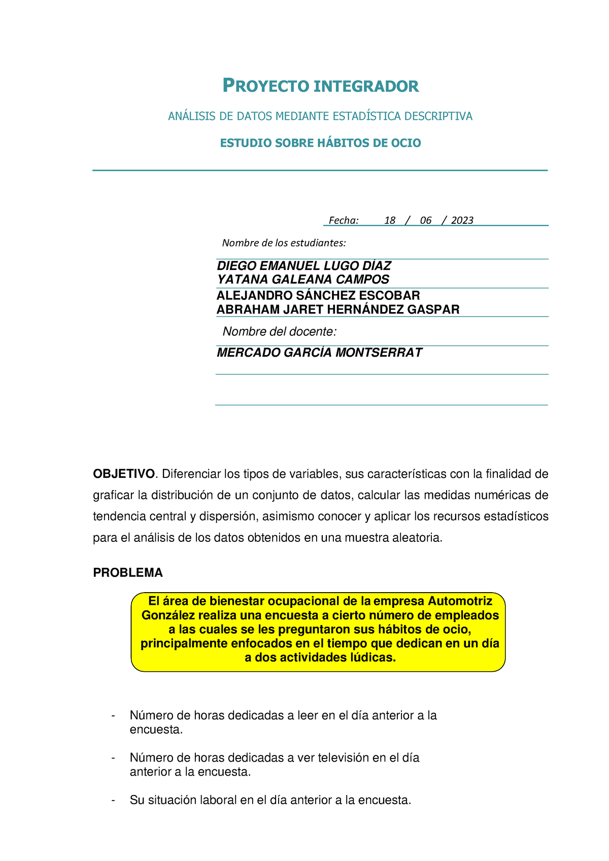 Proyecto Estadística - PROYECTO INTEGRADOR AN¡LISIS DE DATOS MEDIANTE ...