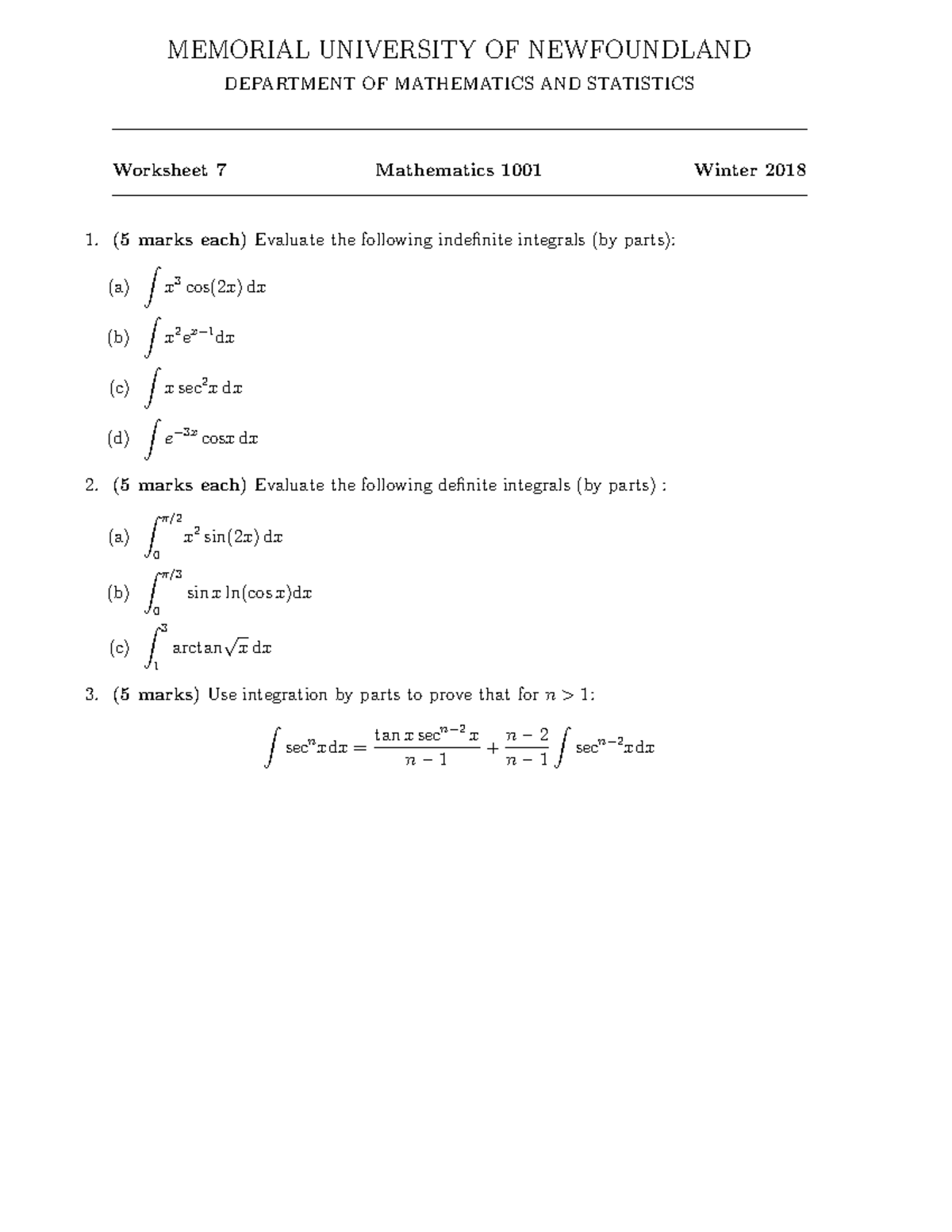 Worksheet 7 - Math 1001 - MEMORIAL UNIVERSITY OF NEWFOUNDLAND ...