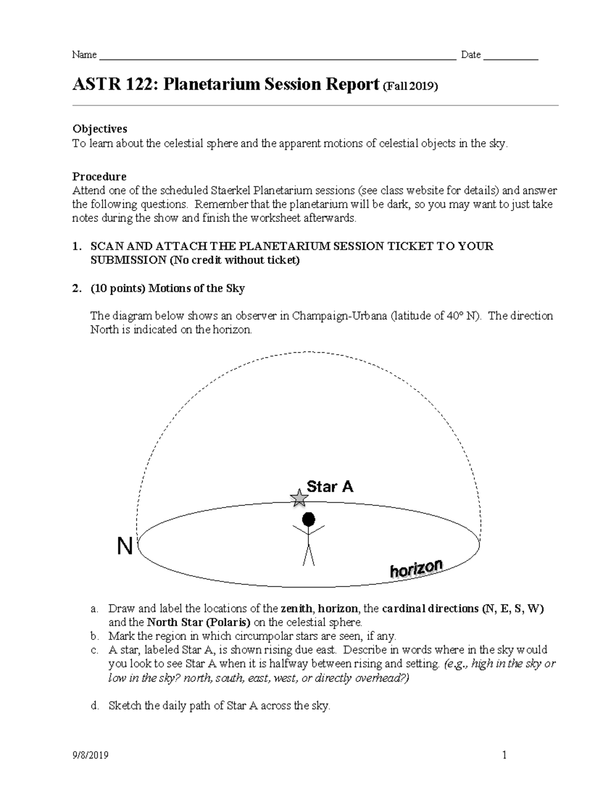 Planetarium Worksheet - Name