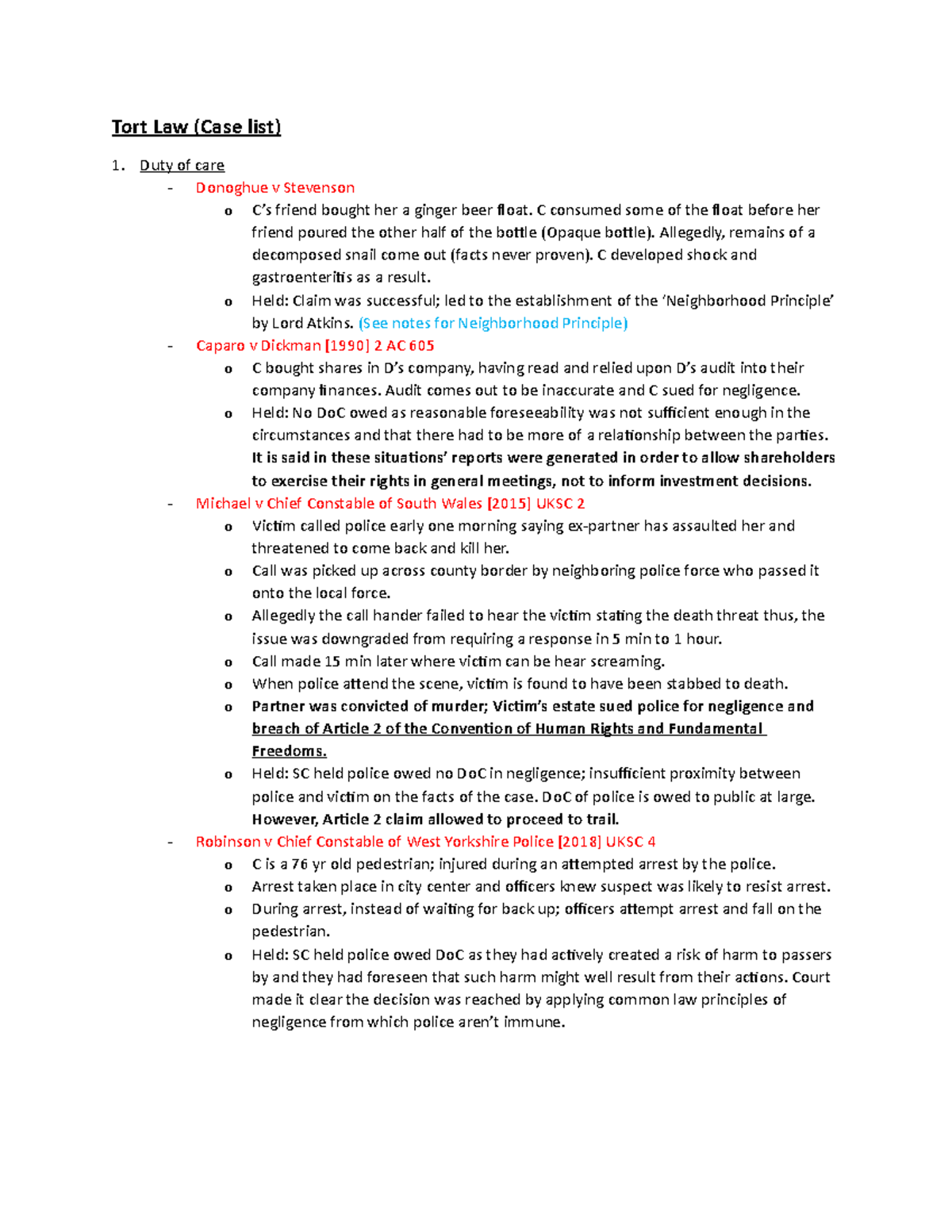 Duty of Care case list Tort Law (Case list) 1. Duty of care Donoghue