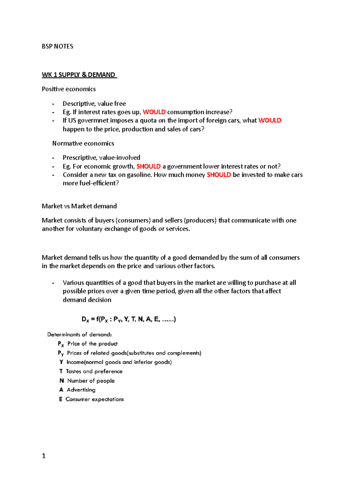 BSP Notes - BSP NOTES WK 1 SUPPLY & DEMAND Positive economics ...