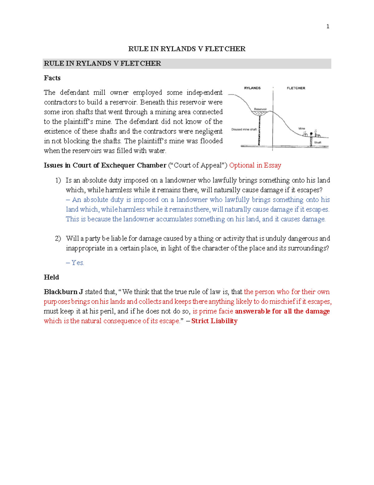Torts Law 2 Rule in Rylands v Fletcher Part 1 - RULE IN RYLANDS V ...