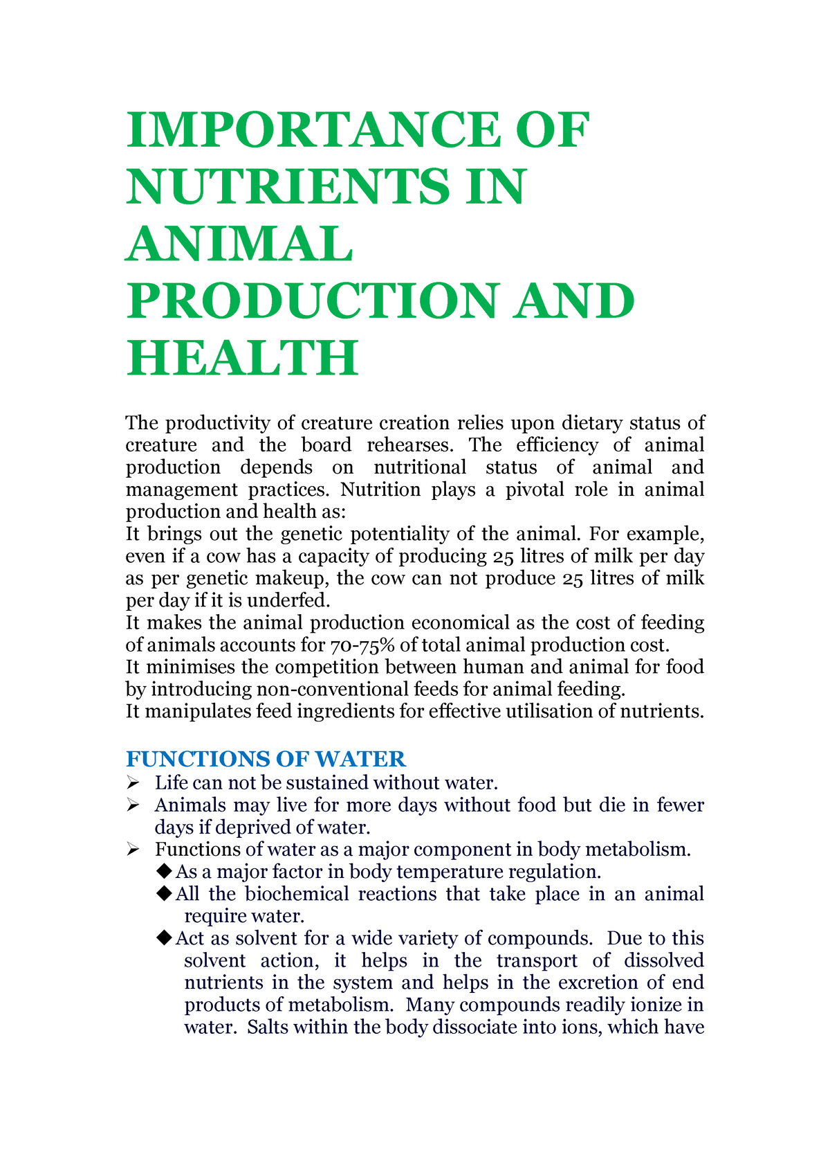 Importance OF Nutrients IN Animal Production AND Health - IMPORTANCE OF  NUTRIENTS IN ANIMAL - Studocu