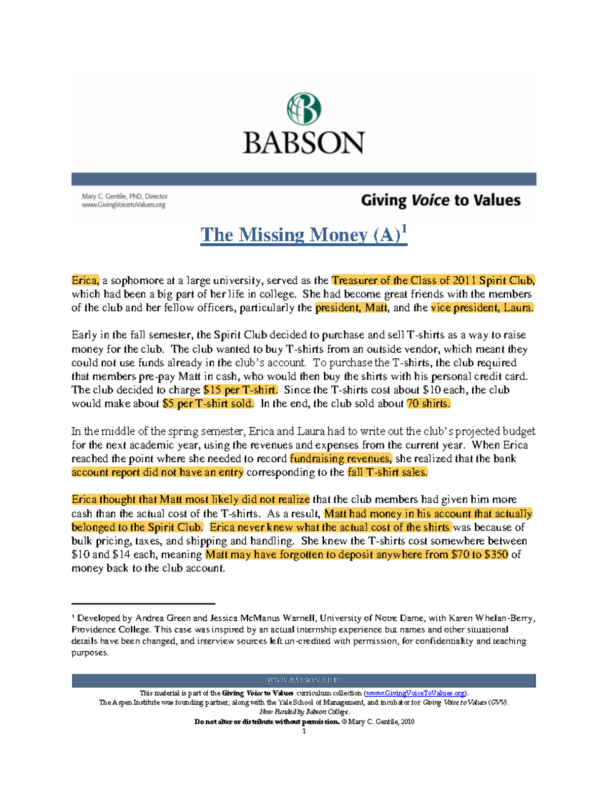 MissingMoney A S Underlined Babson course case This material is