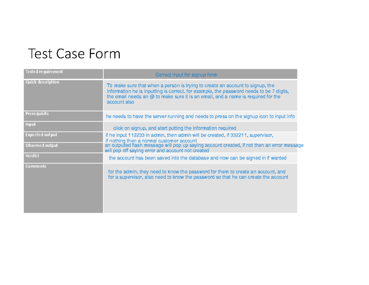 Test Case Form - Test case form to determine results for a user story