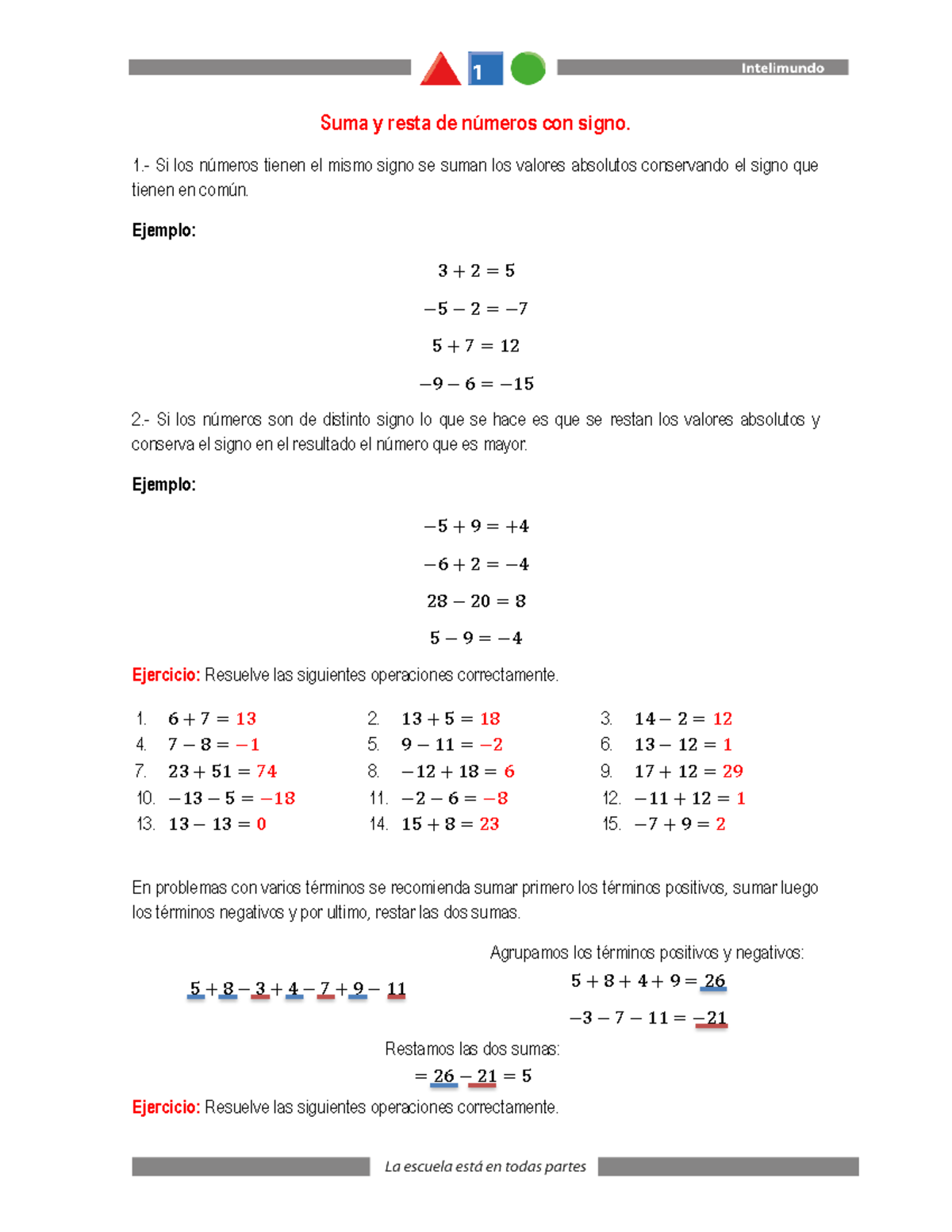 Operaciones Con Enteros - Suma Y Resta De N ̇meros Con Signo. 1.- Si ...