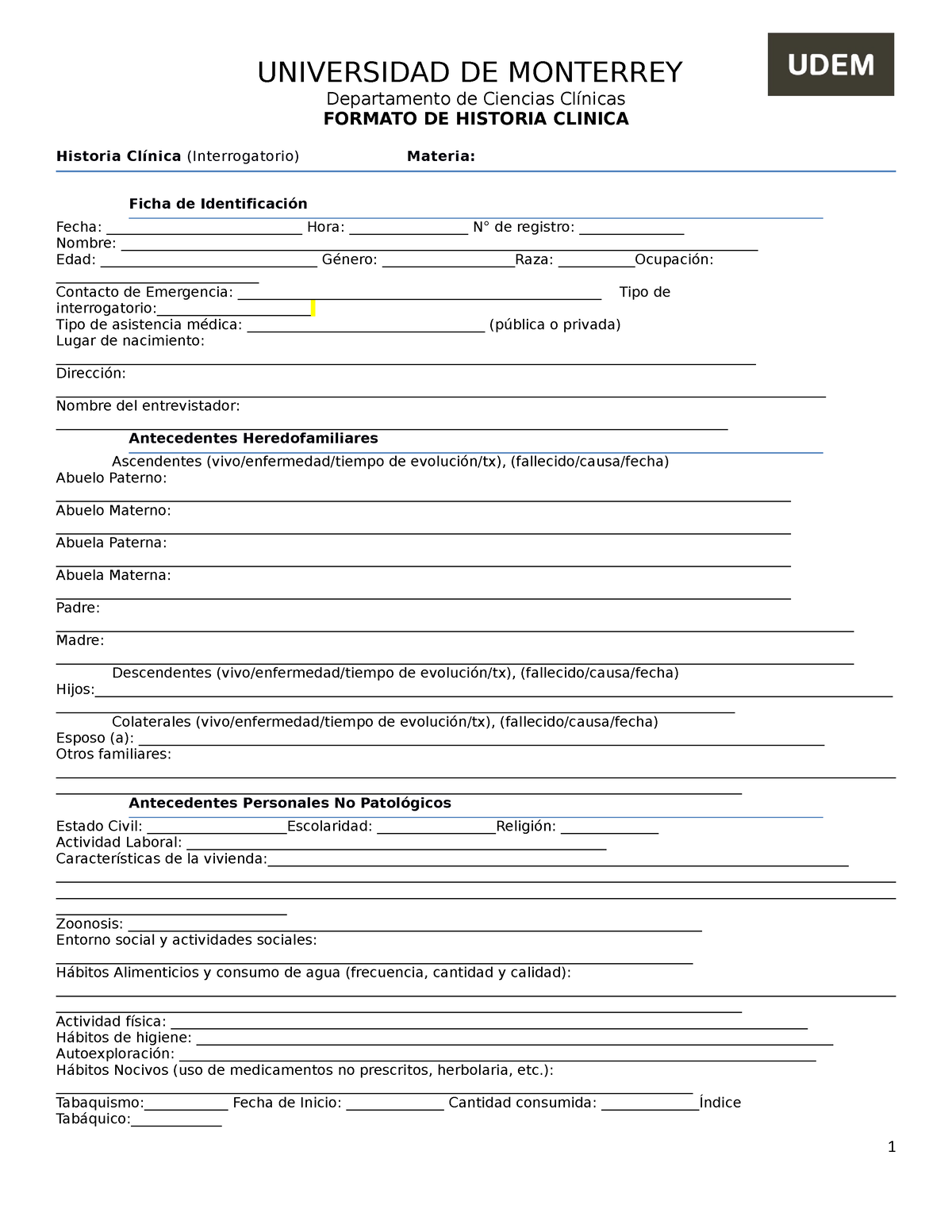Historia Clínica Formato Udem Universidad De Monterrey Departamento De Ciencias Clínicas 1182