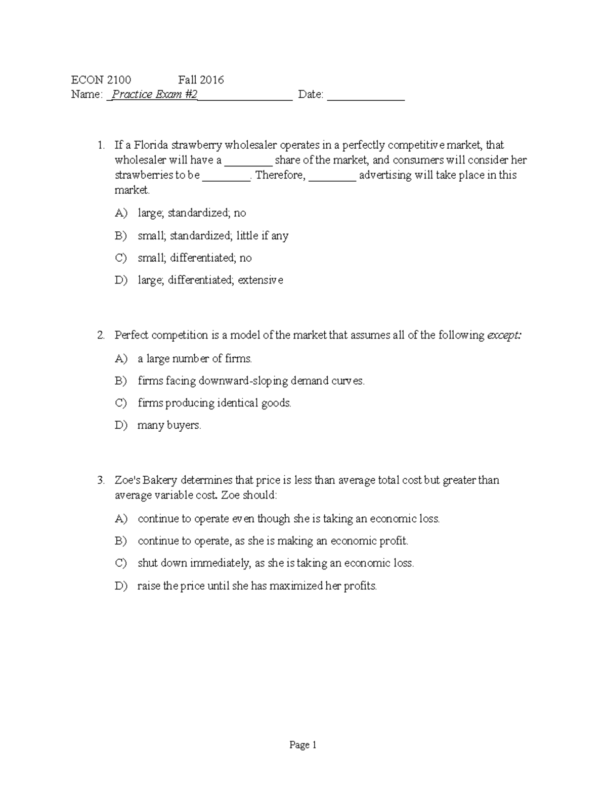 Exam 2 Practice - Fall 2016 - ECON 2100 Fall 2016 Name: _ Practice Exam ...