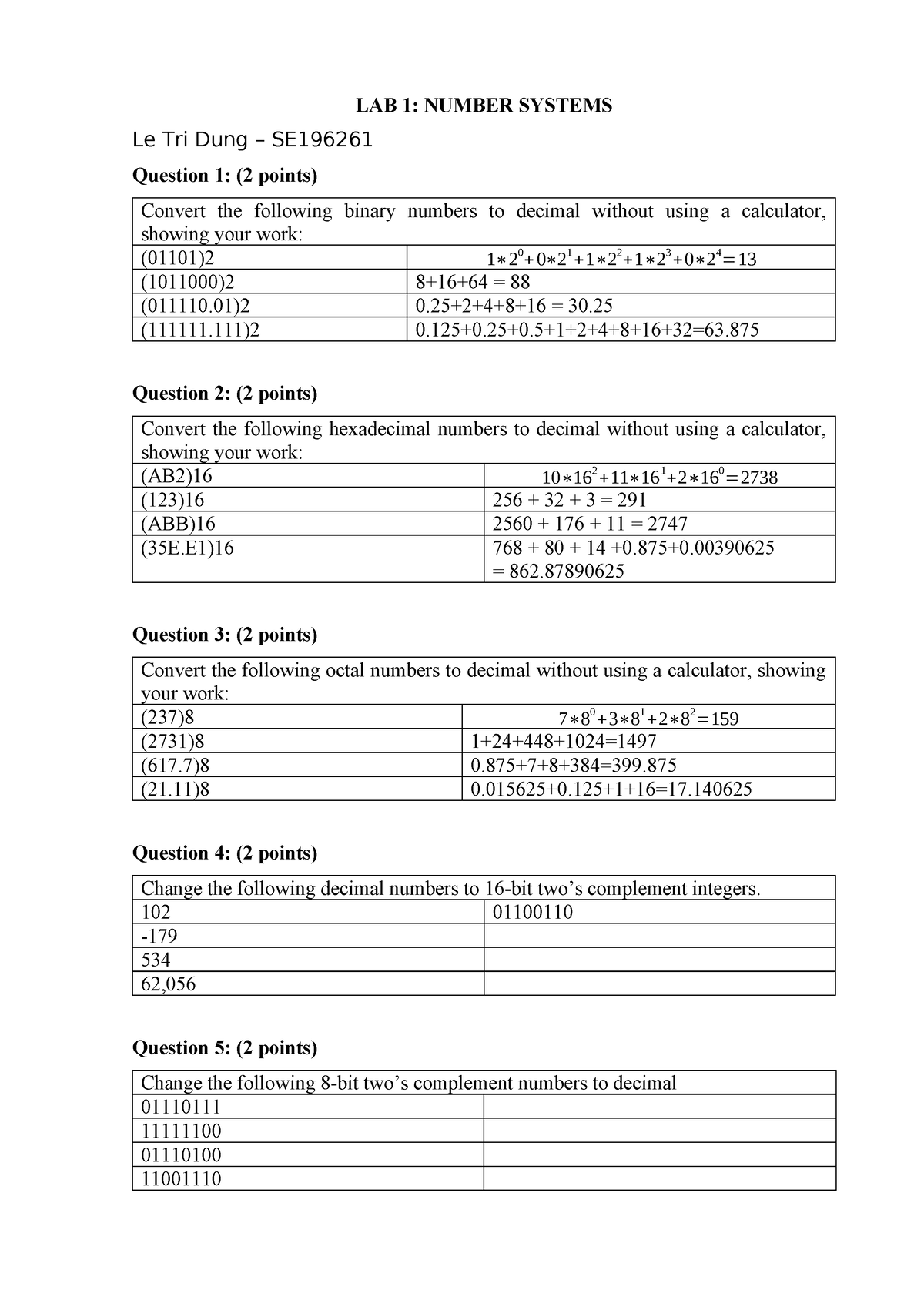 LAB1 question b - LAB 1: NUMBER SYSTEMS Le Tri Dung – SE Question 1: (2 ...