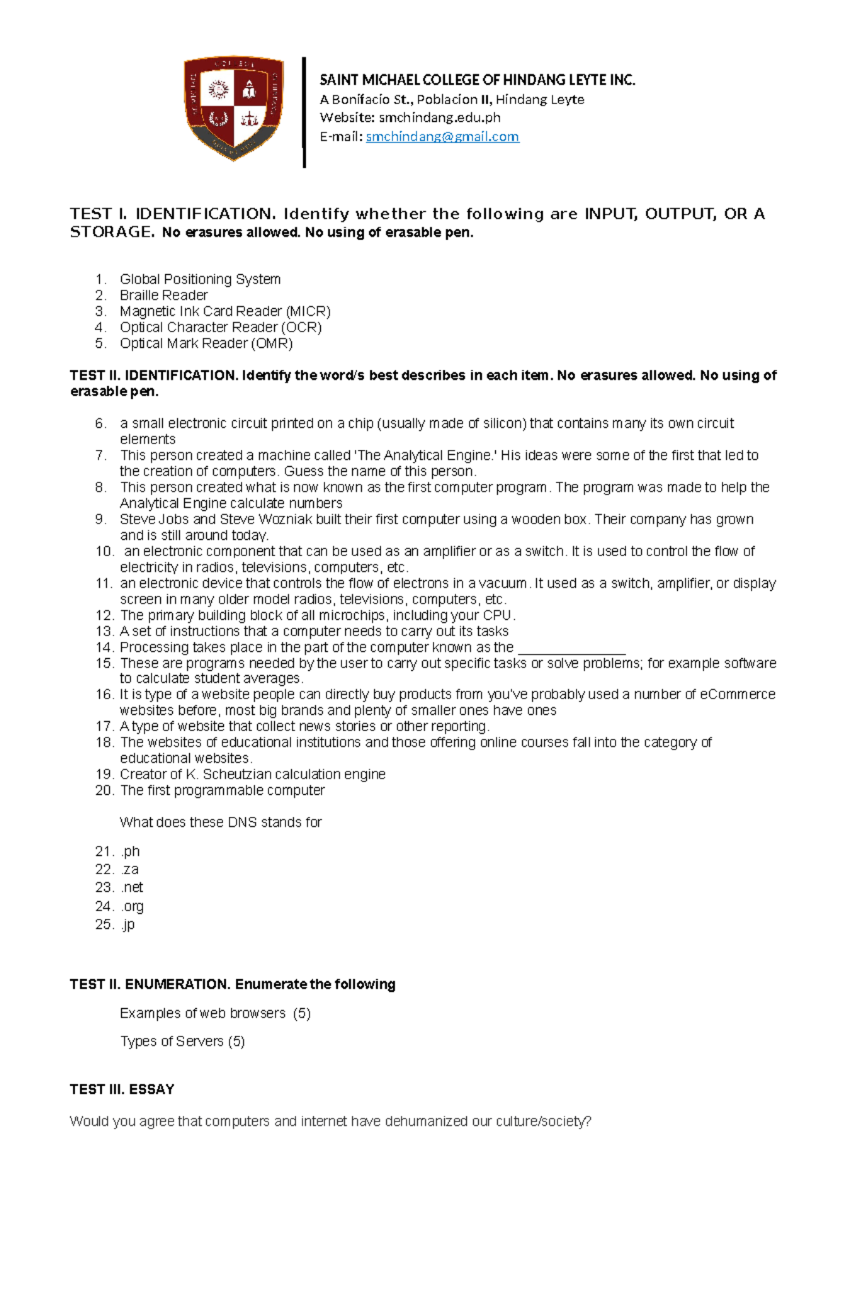 It era midterm - Examination - SAINT MICHAEL COLLEGE OF HINDANG LEYTE ...