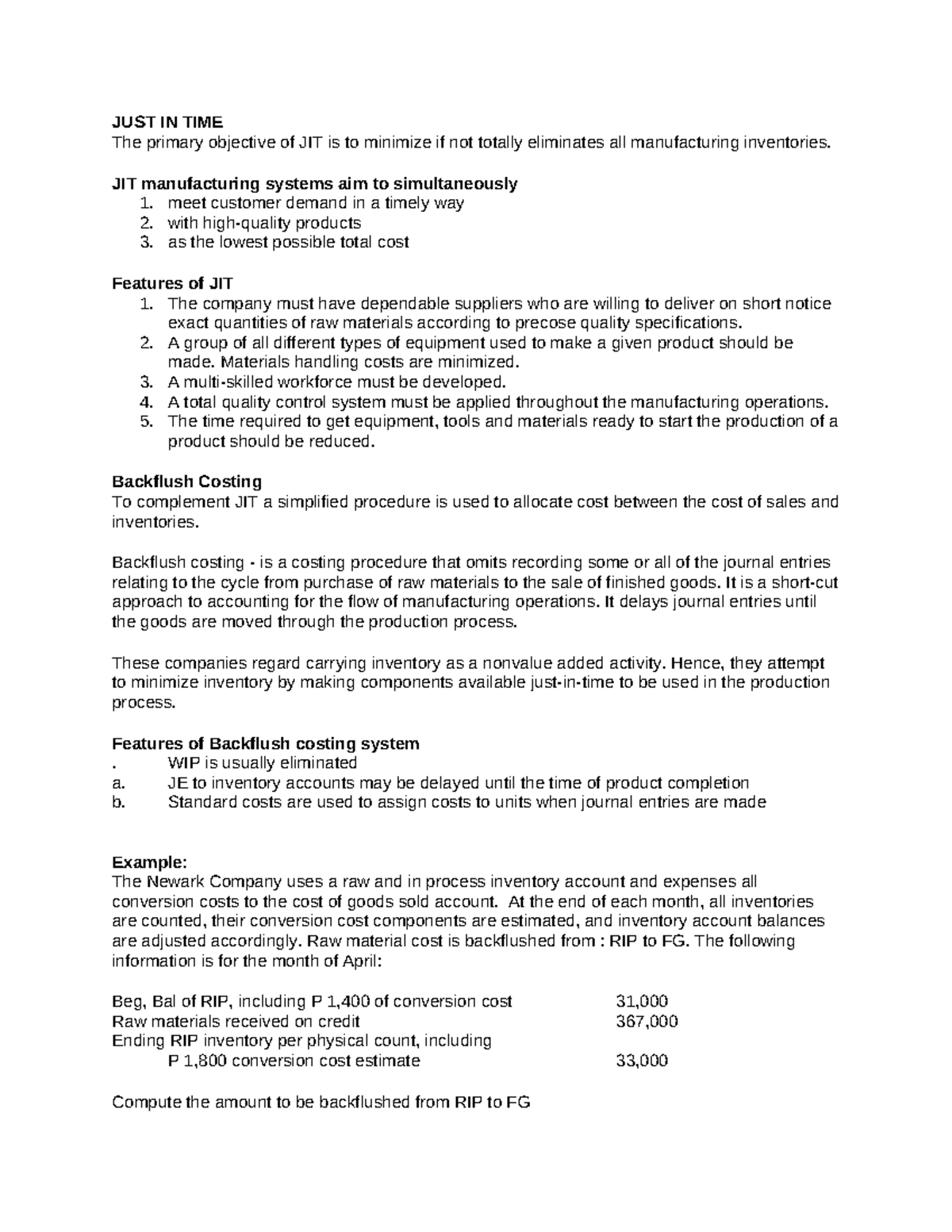 JUST IN TIME (Cost Accounting) - JUST IN TIME The primary objective of ...