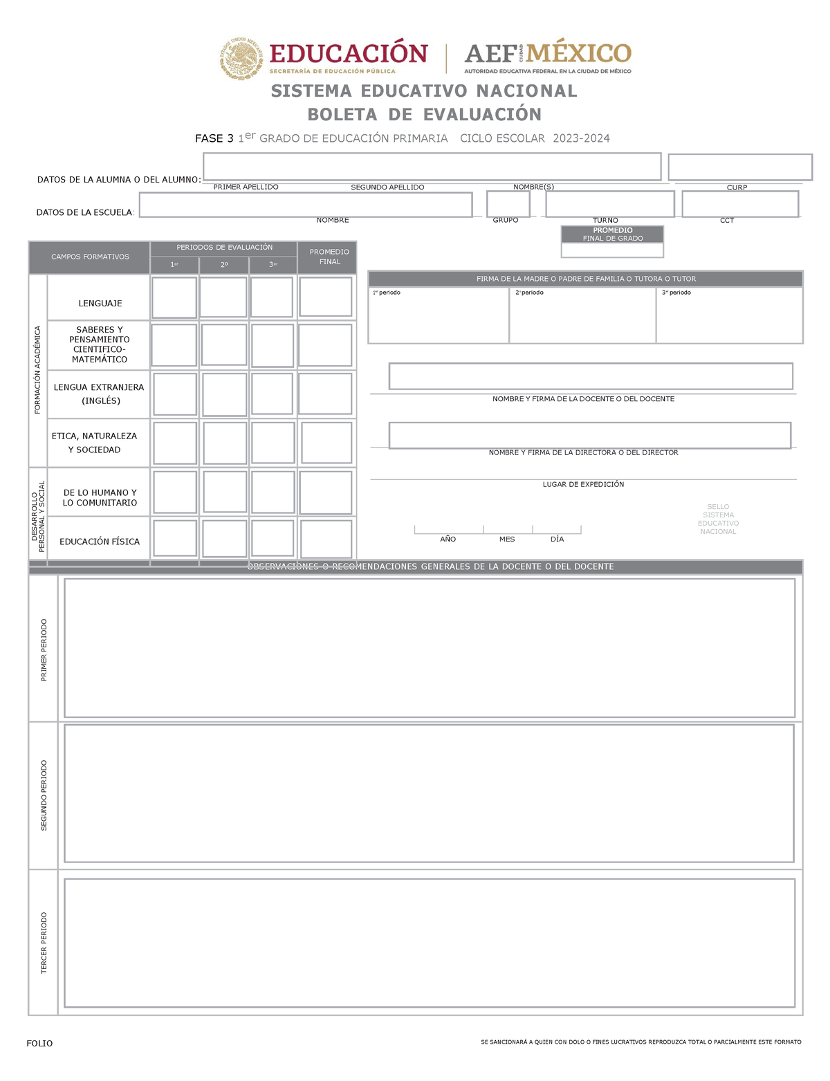 1° Boleta DE Calificaciones 20232024 BOLETA DE EVALUACIÓN PRIMARIA