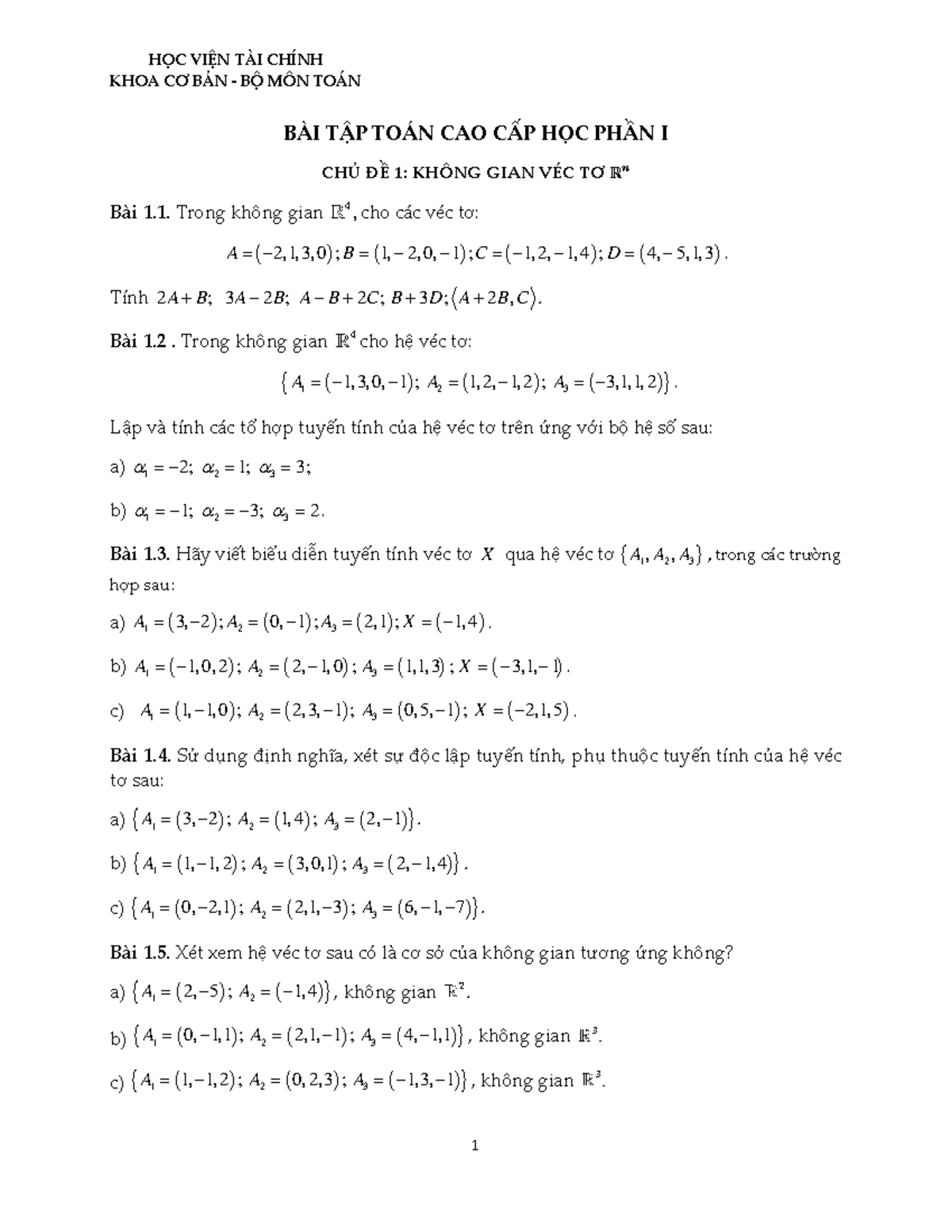 Final BÀI TẬP TOÁN CAO CẤP 1 - HỌC VIỆN T¿I CHÕNH KHOA CƠ BẢN - BỘ M‘N ...