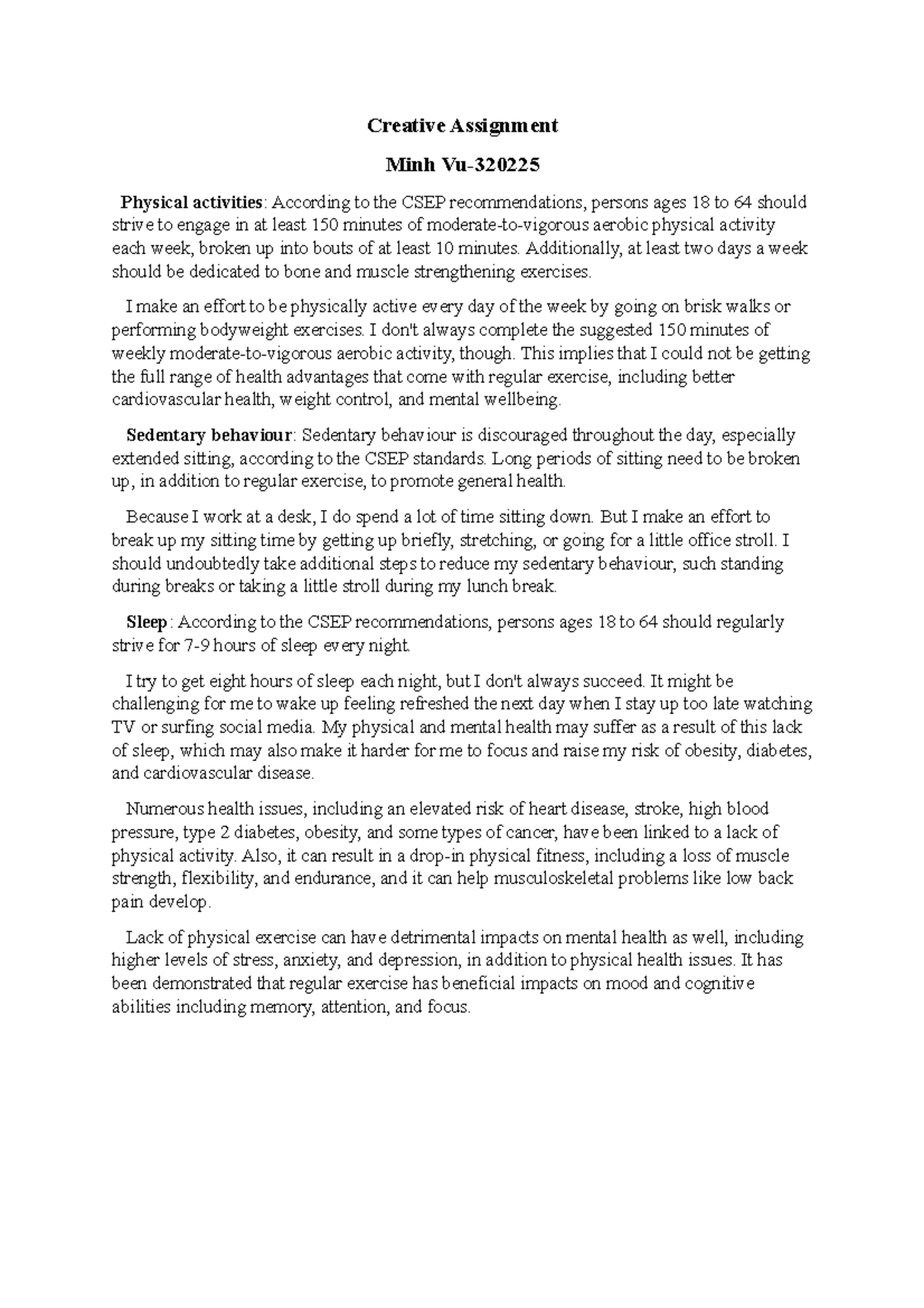 Creative Assignment - Creative Assignment Minh Vu- Physical activities ...