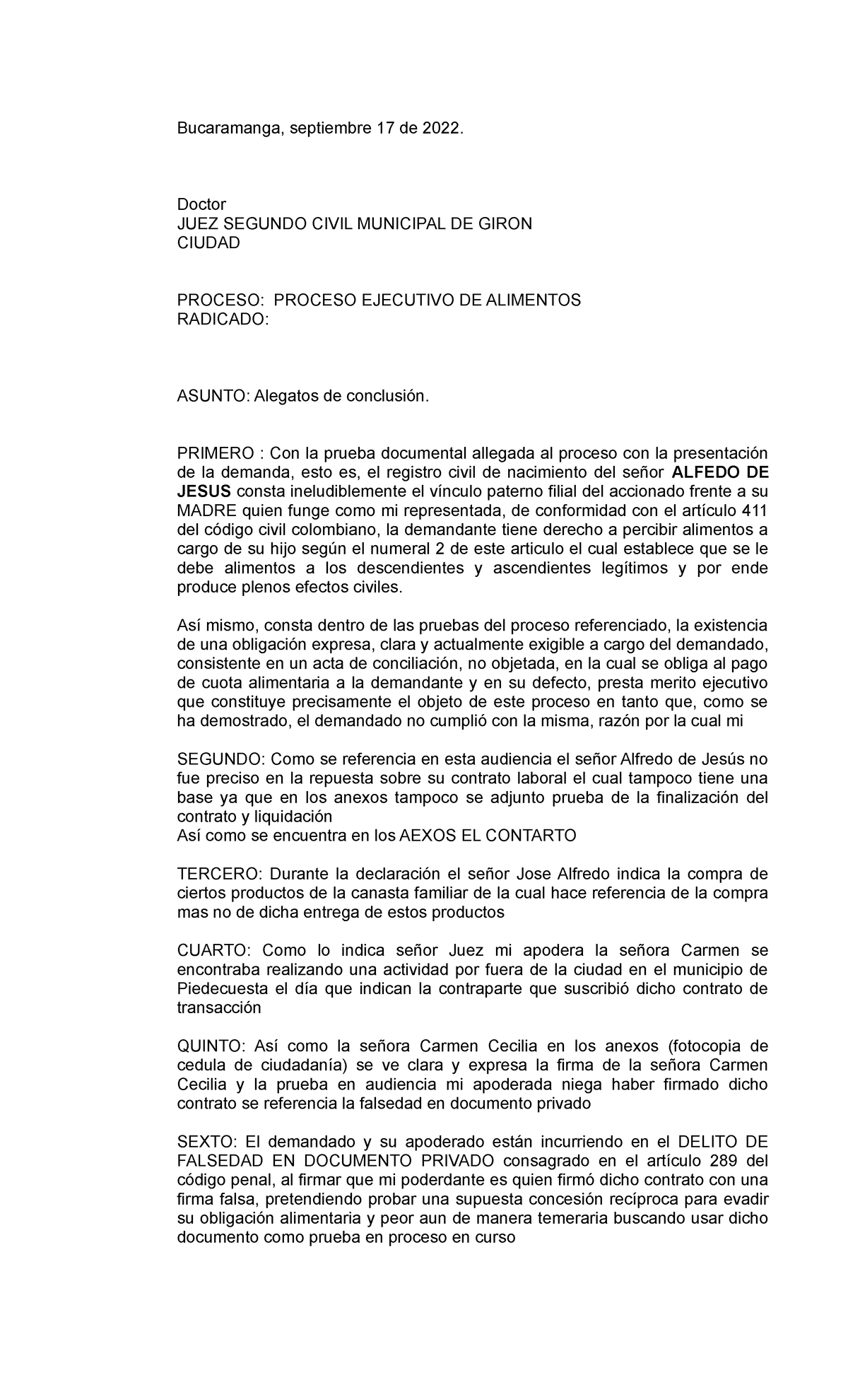 70 Modelo DE Alegatos DE Conclusion - Bucaramanga, septiembre 17 de ...