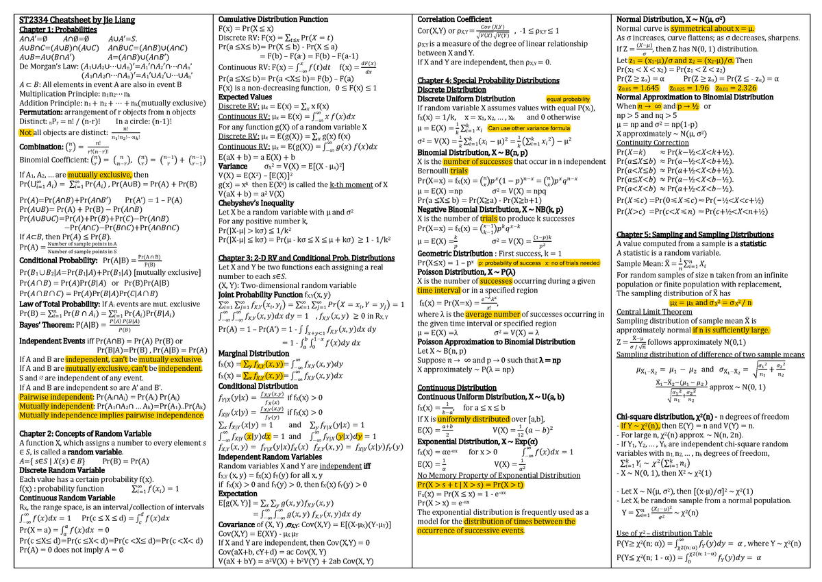 St2334 Cheatsheet Summary Probability And Statistics Warning Tt Undefined Function 3 Warning Studocu