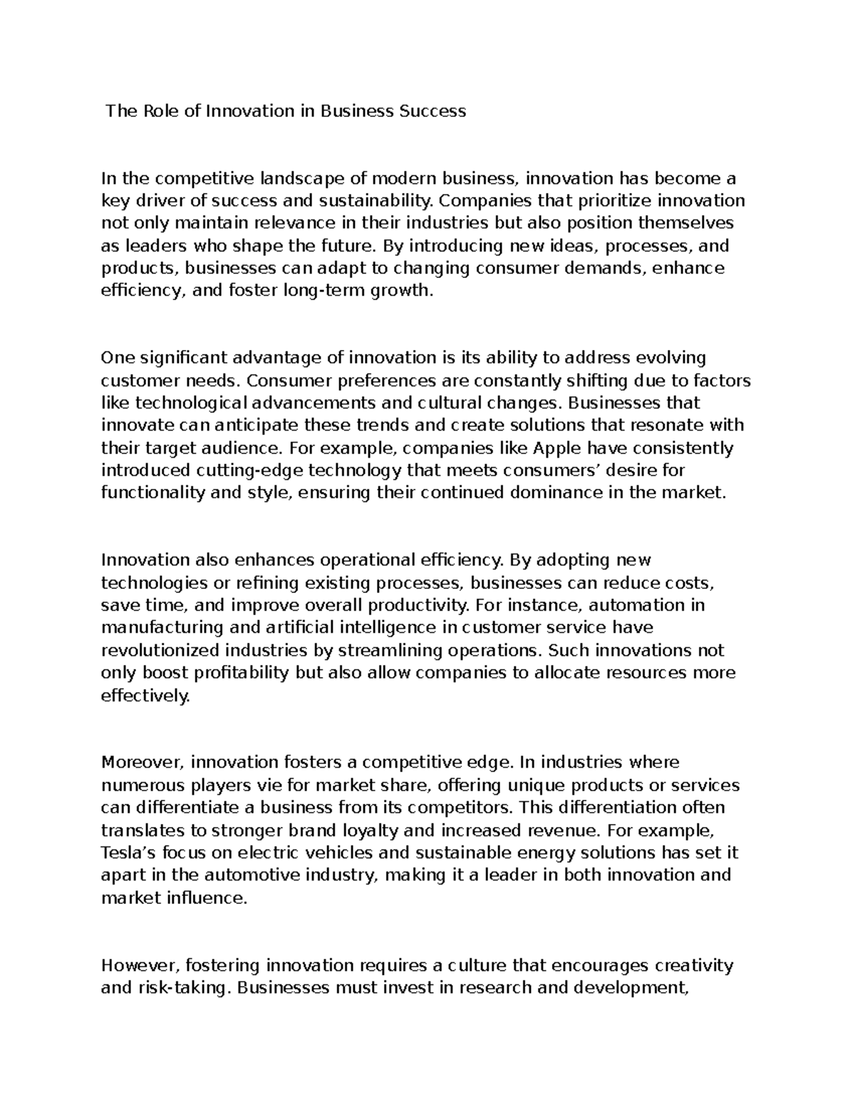 Bs - BSBA - The Role of Innovation in Business Success In the ...