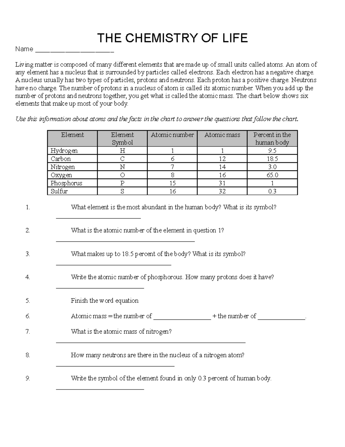 THE Chemistry OF LIFE Worksheet - THE CHEMISTRY OF LIFE Name ...