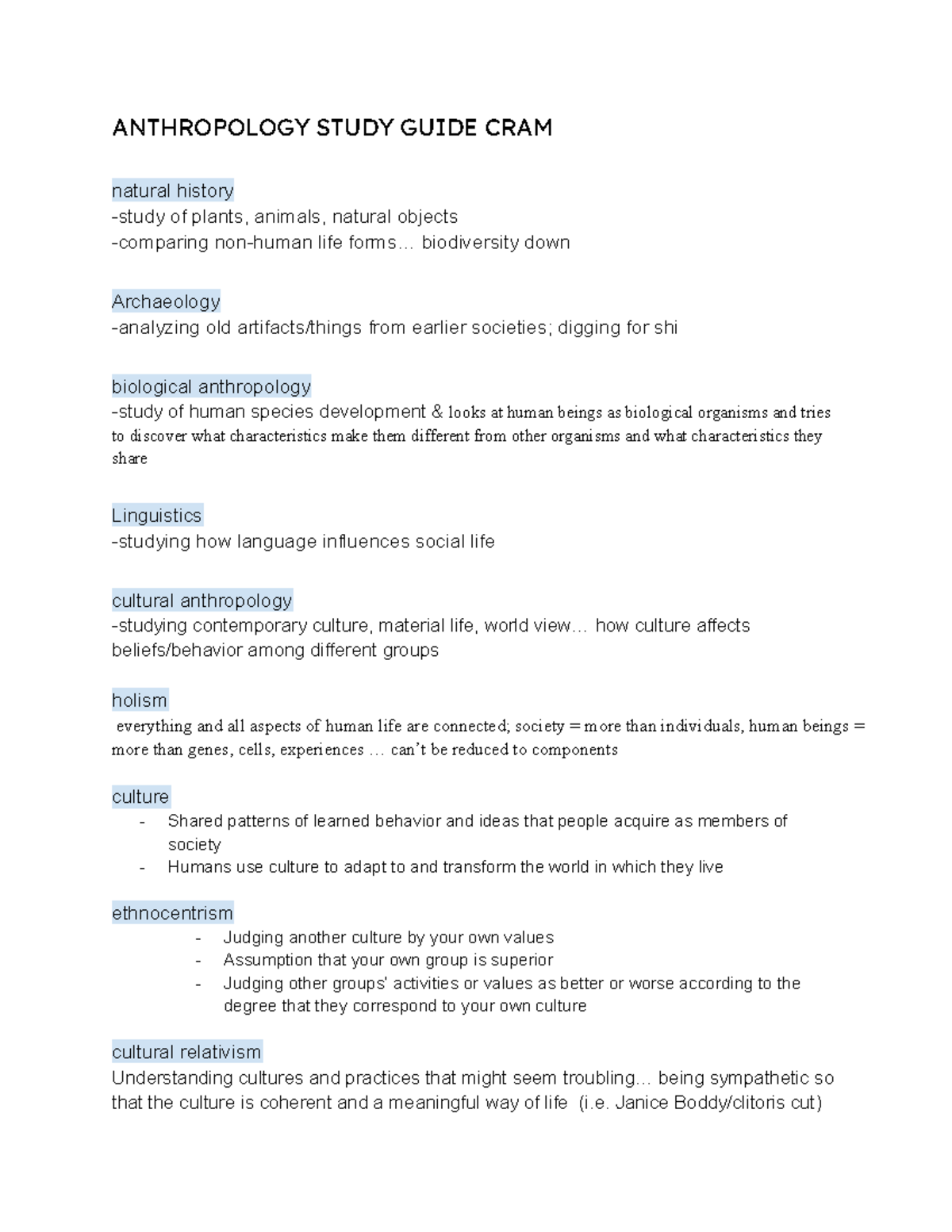 Anthropology Study Guide Exam 1 - ANTHROPOLOGY STUDY GUIDE CRAM Natural ...