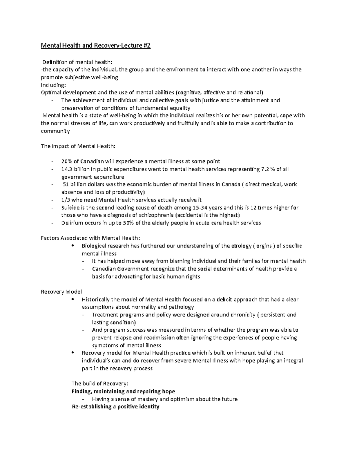 Mental Health and Recovery Lecture 2 - Mental Health and Recovery ...
