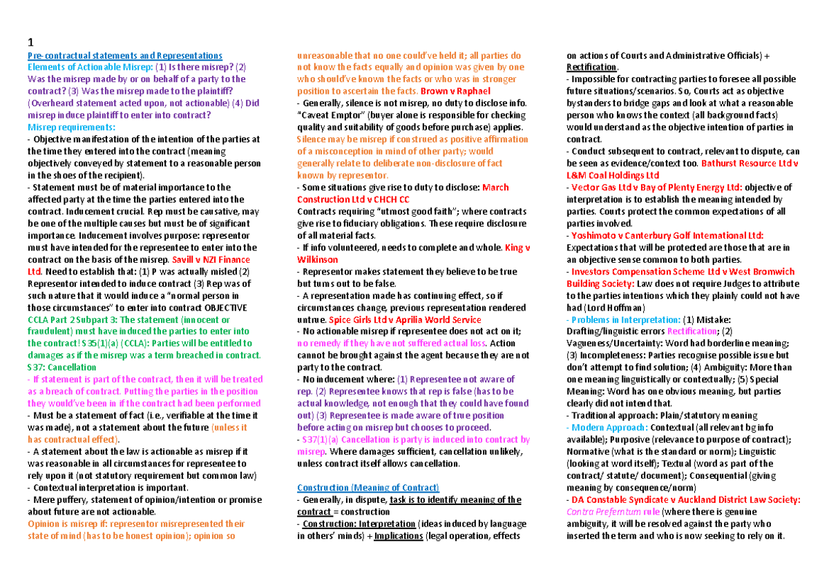 CL - Work - Pre-contractual statements and Representations Elements of ...