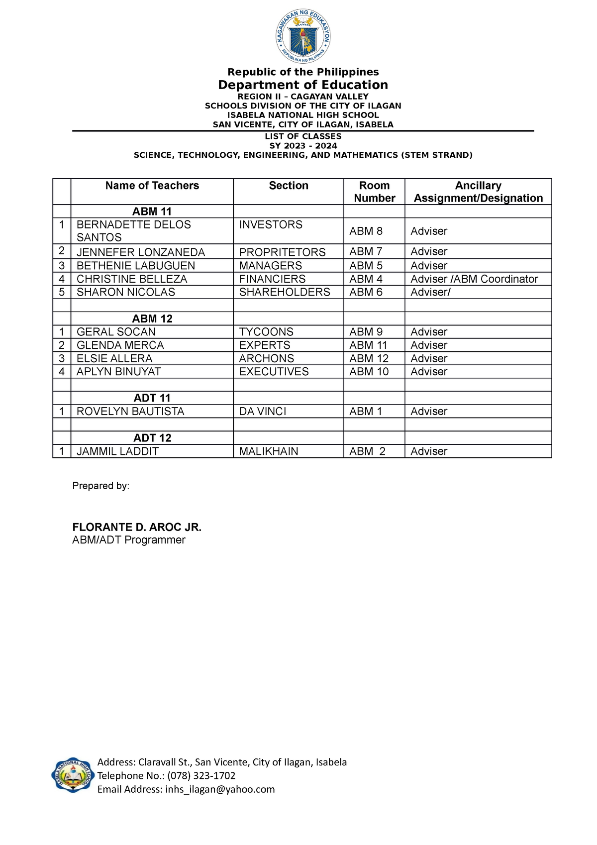 Abm And Adt List Of Class Adviser And Section - Republic Of The 