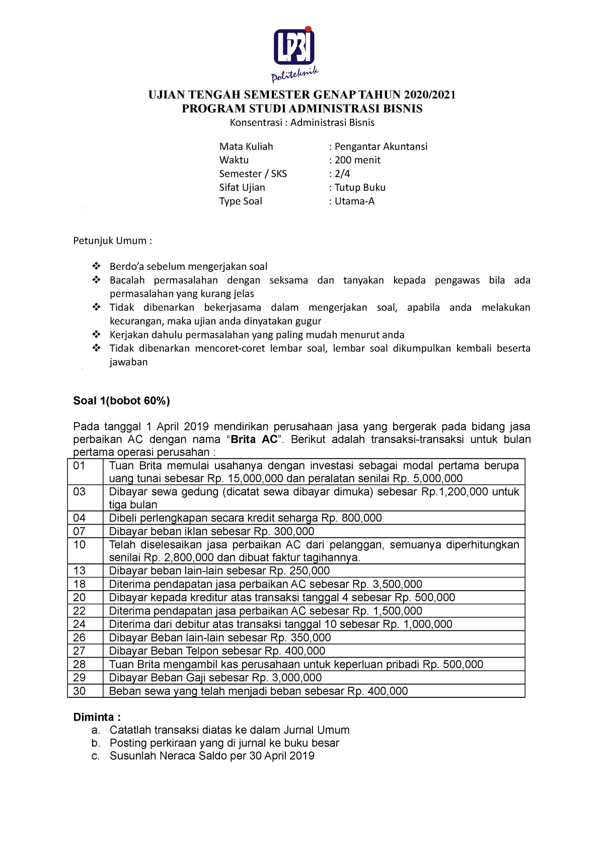 Ujian Tengah Semester Ab Pengantar Akuntansi Type A Politeknik Lp3i 