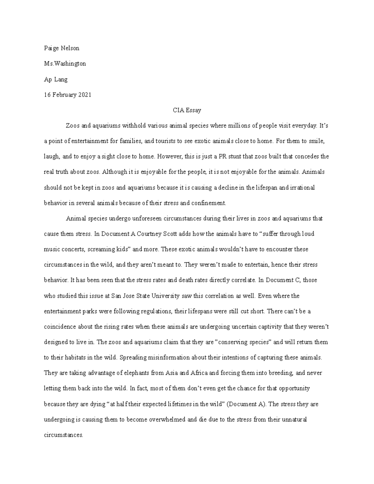 CIA Aquariums and Zoos Paige Nelson Ms Ap Lang 16 February 2021 CIA