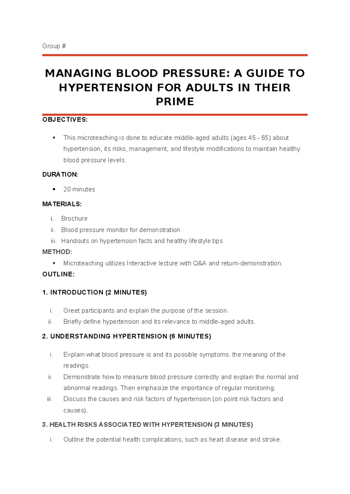 Health education Microteaching Sample Outline: Managing Blood Pressure ...