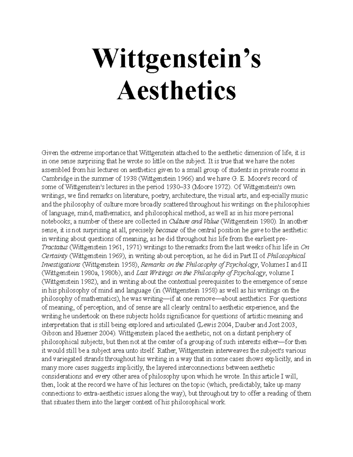 Lecture 41 Wittgenstein’s Aesthetics - Wittgenstein’s Aesthetics Given ...