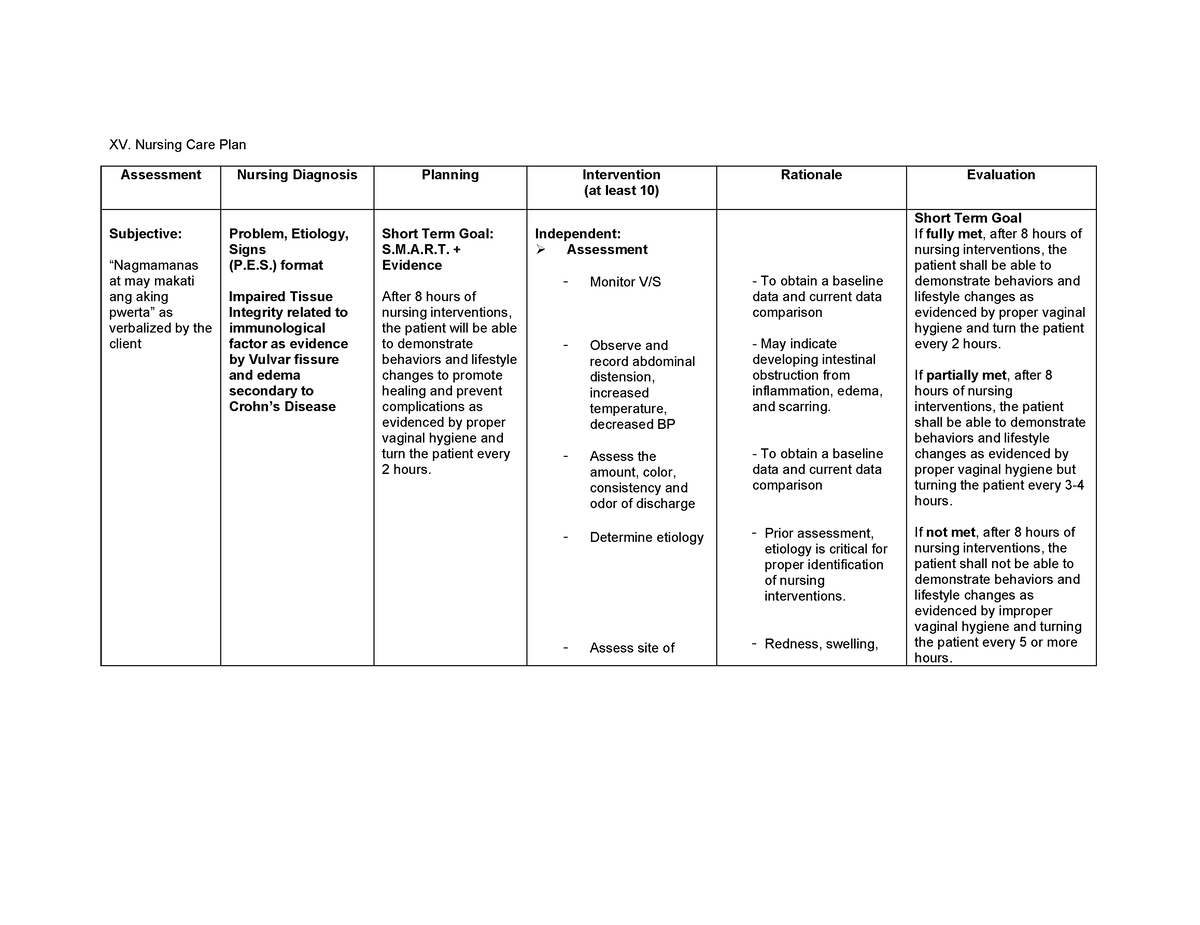 Nursing Care Plan This NCP Is For Impaired Tissue Integrity XV 