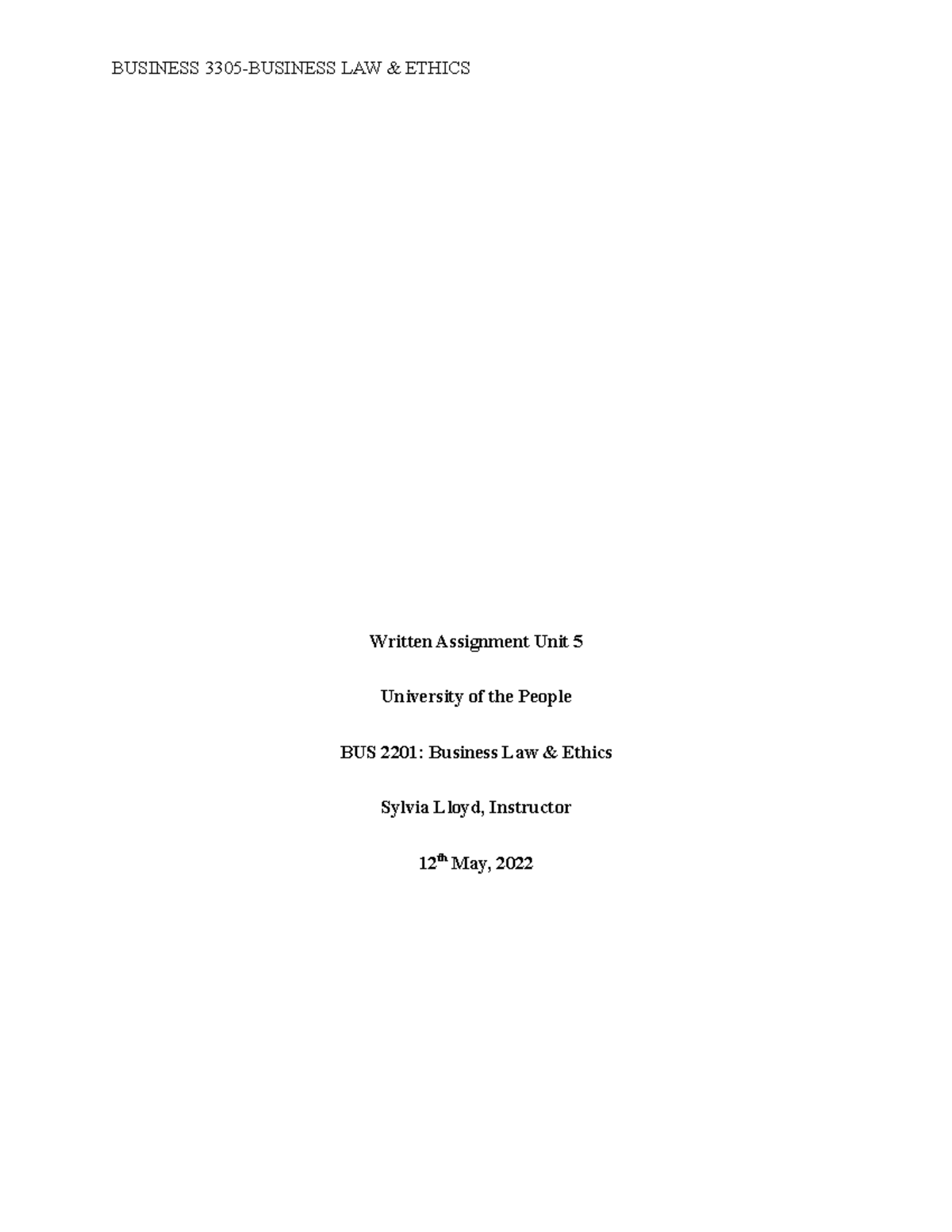 Written Assignment Unit 6 Bus 3305 BL E - Written Assignment Unit 5 ...