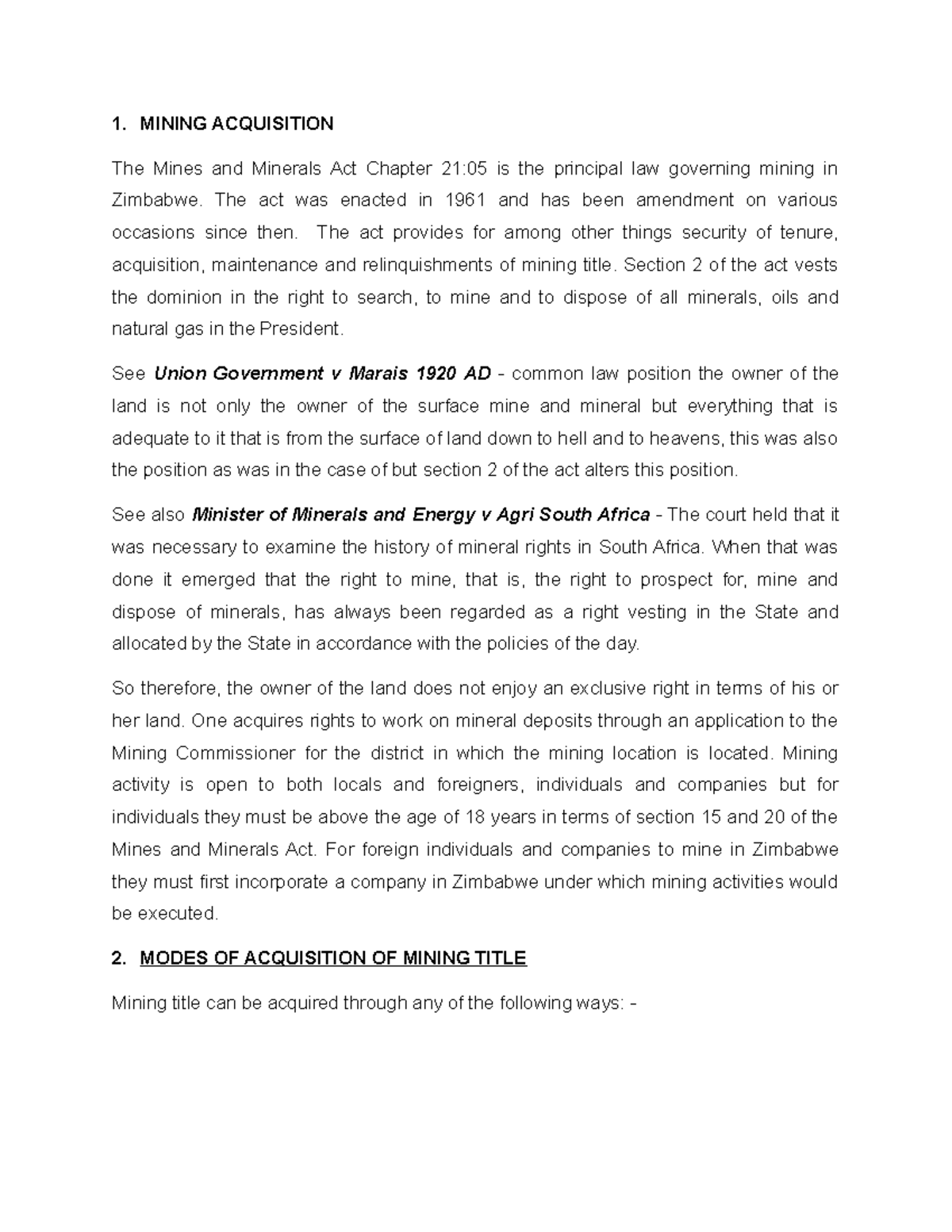 Chaza - notes - 1. MINING ACQUISITION The Mines and Minerals Act ...