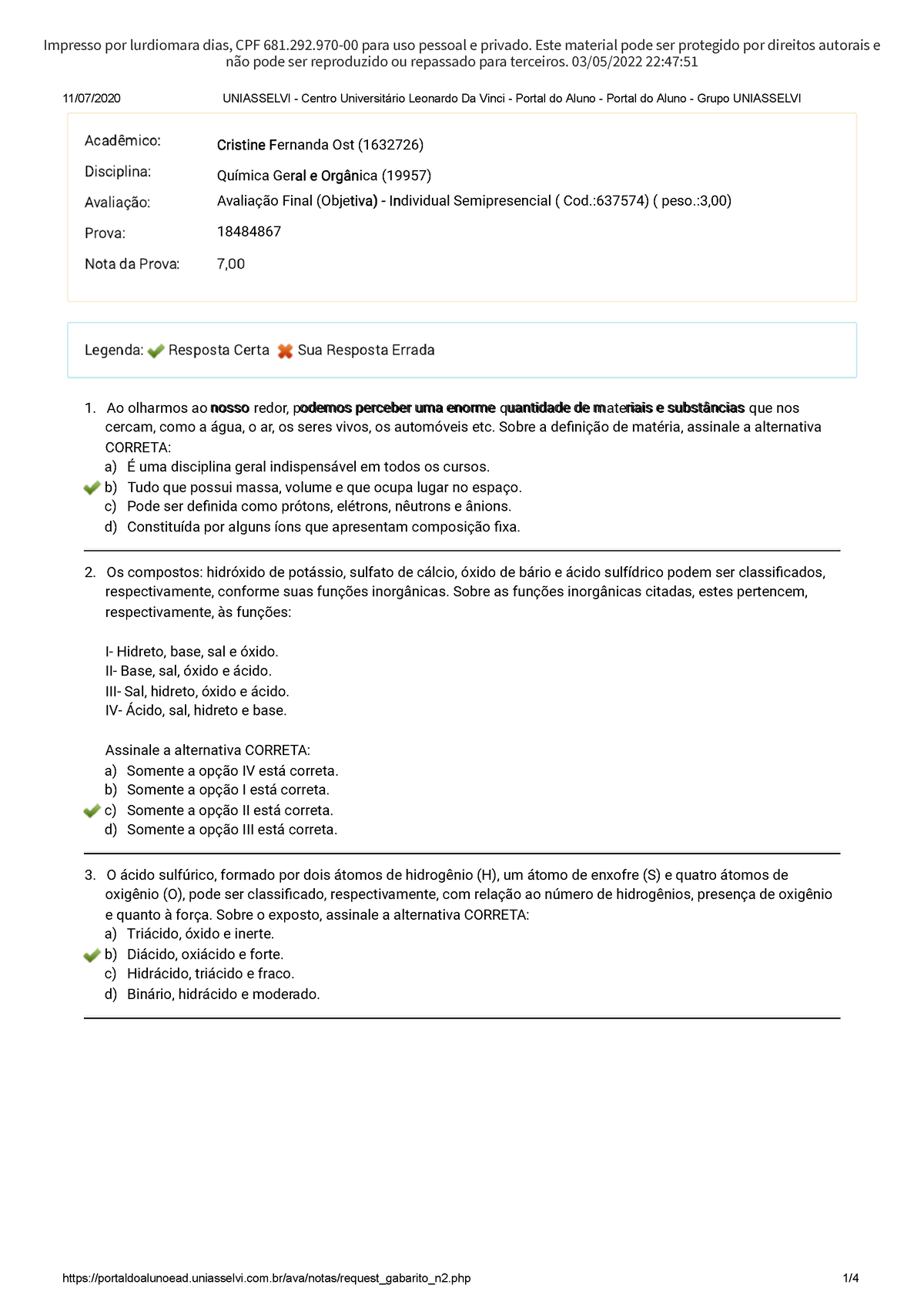 Avaliação final objetiva - Química Geral I