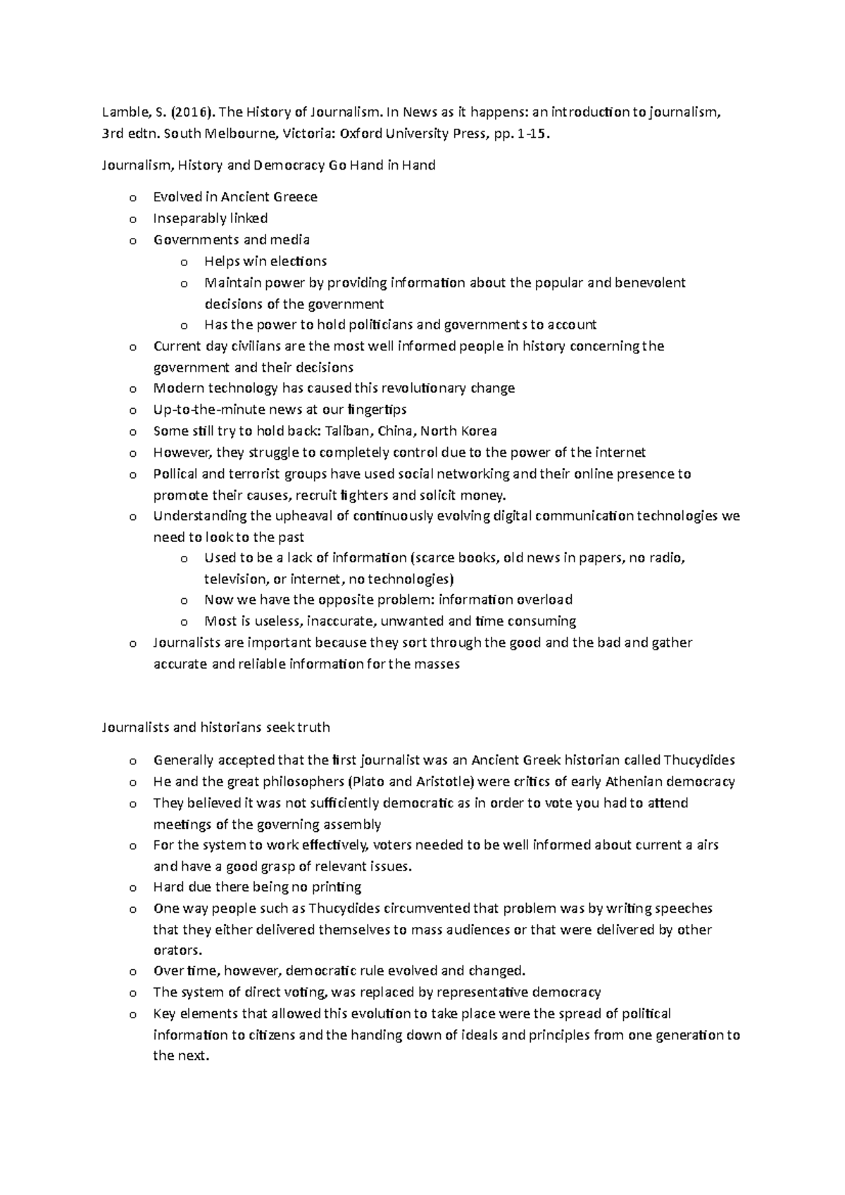 Lamble, S. (2016 ). The History of Journalism - Lamble, S. (2016). The ...