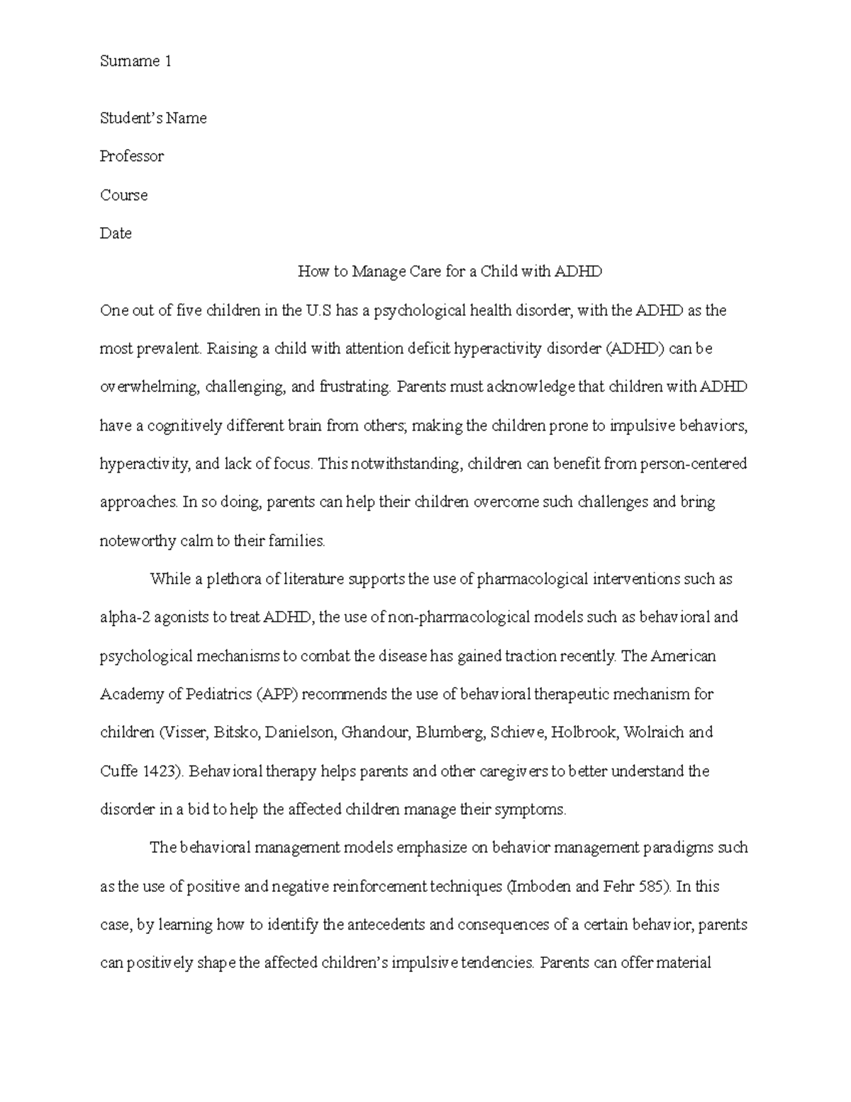How To Manage Care For A Child With ADHD Surname 1 Student s Name