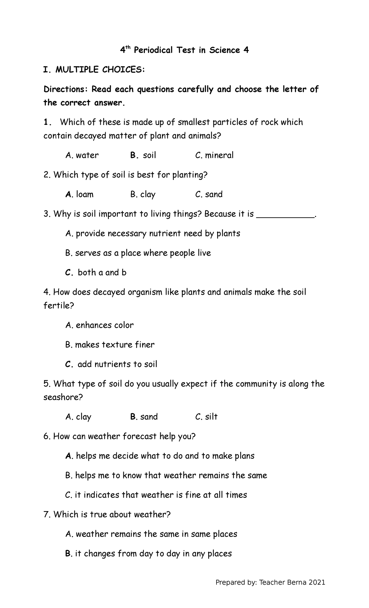 Test in Science 4 - MULTIPLE CHOICES: Directions: Read each questions ...